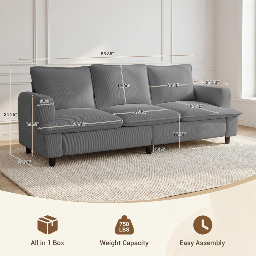 3 Seater Couch, 83" Comfy Corduroy Sofa with Deep Seat, Modern Sofa Couch for Office, Living Room, Bedroom, Apartment (Pillows not Included)