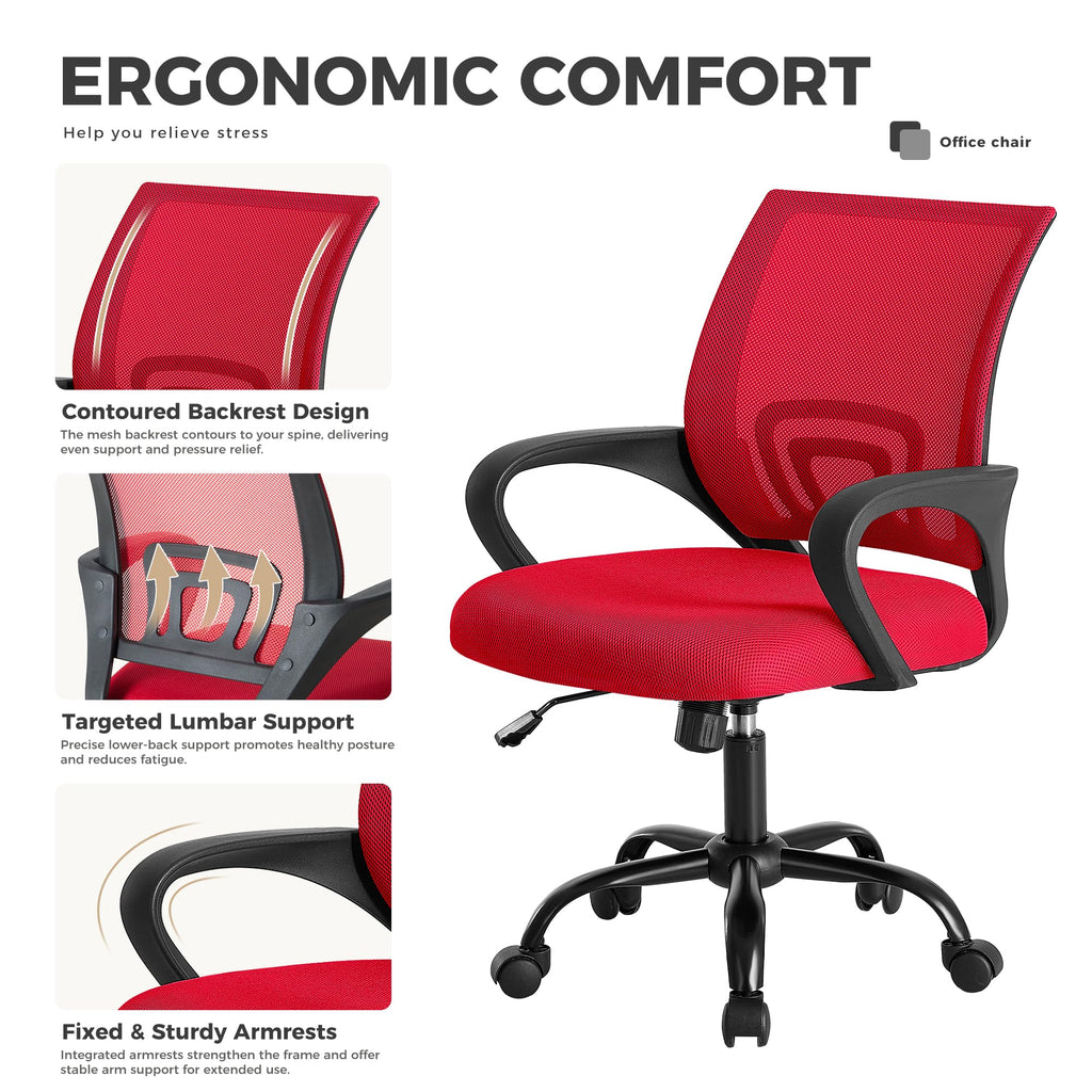 2 Pack, Office Desk Chair - Ergonomic Mid Back with Lumbar Support & Rocking Mode, Height Adjustable with Fixed Armrest, for Home, Computer, Gaming, Conference, Meeting Room, 360° Swivel, Red