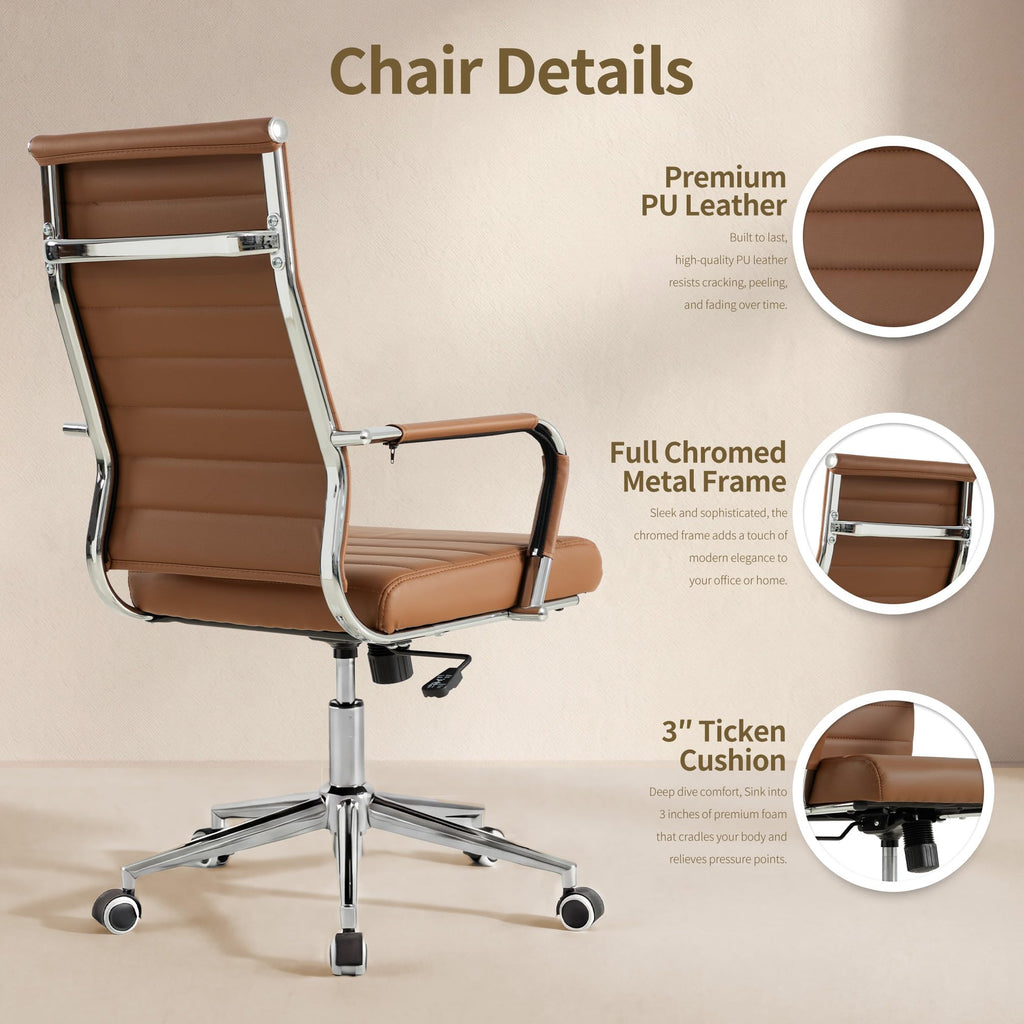 Office Desk Chair, Ergonomic Leather Modern Conference Room Chairs, Executive Ribbed Height Adjustable Swivel Rolling Chair for Home Office. (Brown)