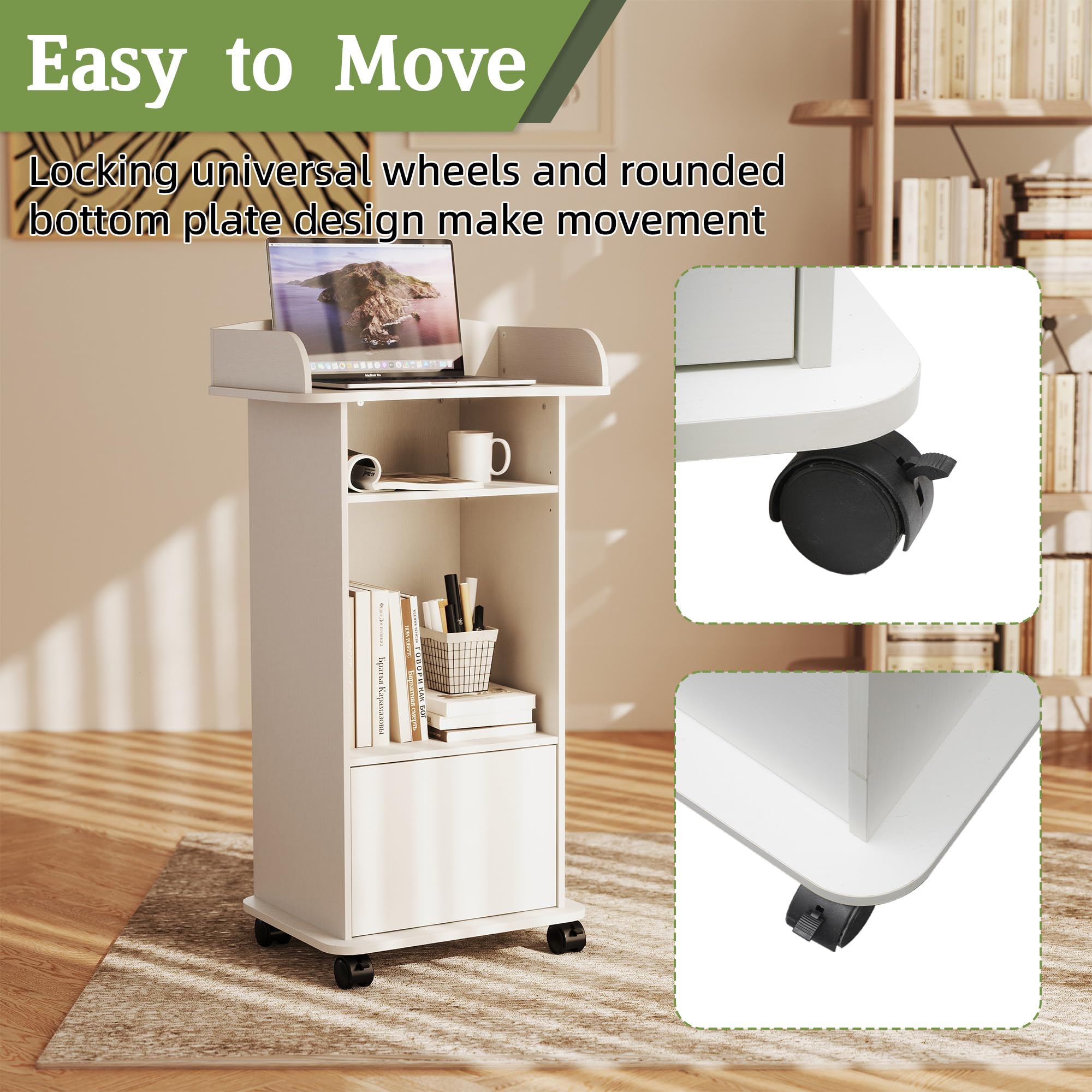 Podium Stand with Wheels Wooden Lectern Podium Stand Portable Pulpit Standing with Storage Mobile Reception Podiums Desk for Church Office School Conference Restaurant Meeting, White