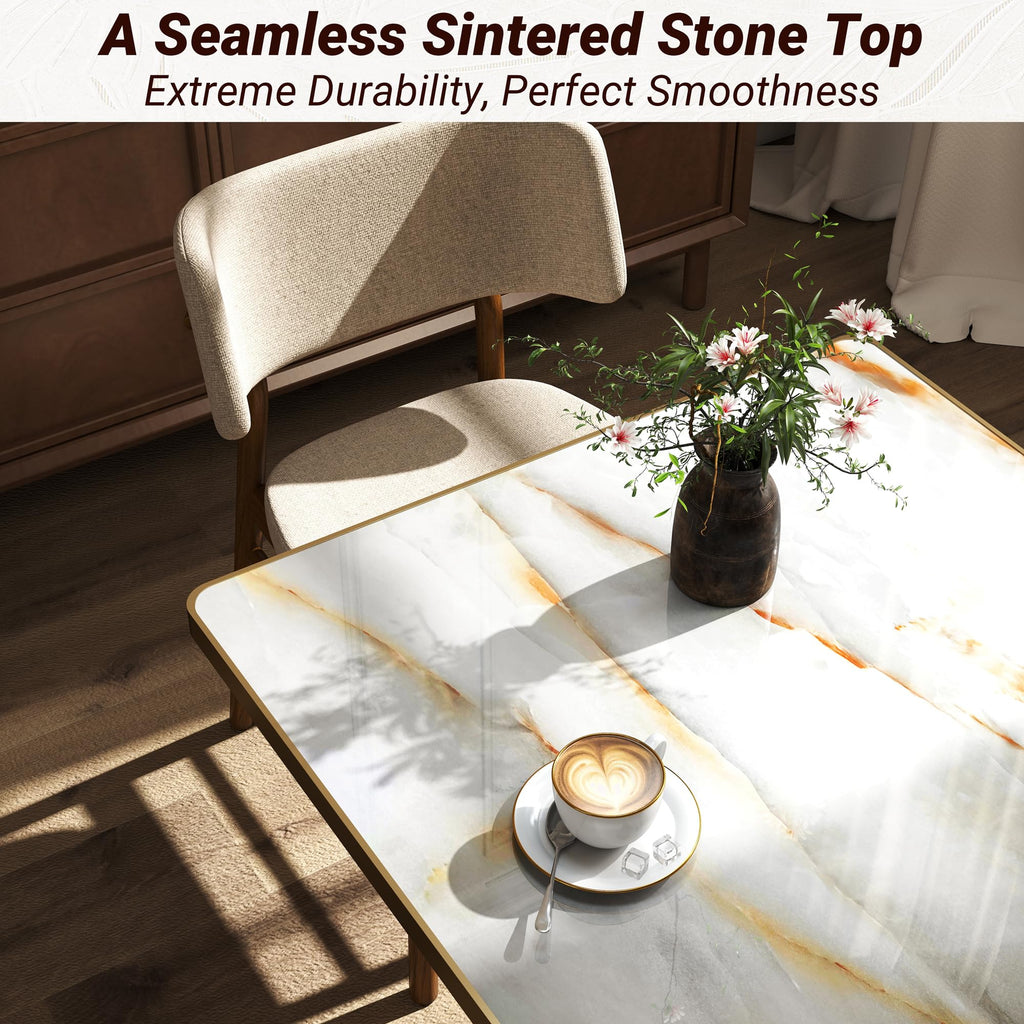 hausway 31.5" Tulip Table,Square Kitchen Dining Table for 2-4 with Thick Sintered Stone Top,Titanium Golden Pedestal Base,Heat-Resistant,Bistro Table for Dining Room,Café,Small Space（Sunrise Strings）