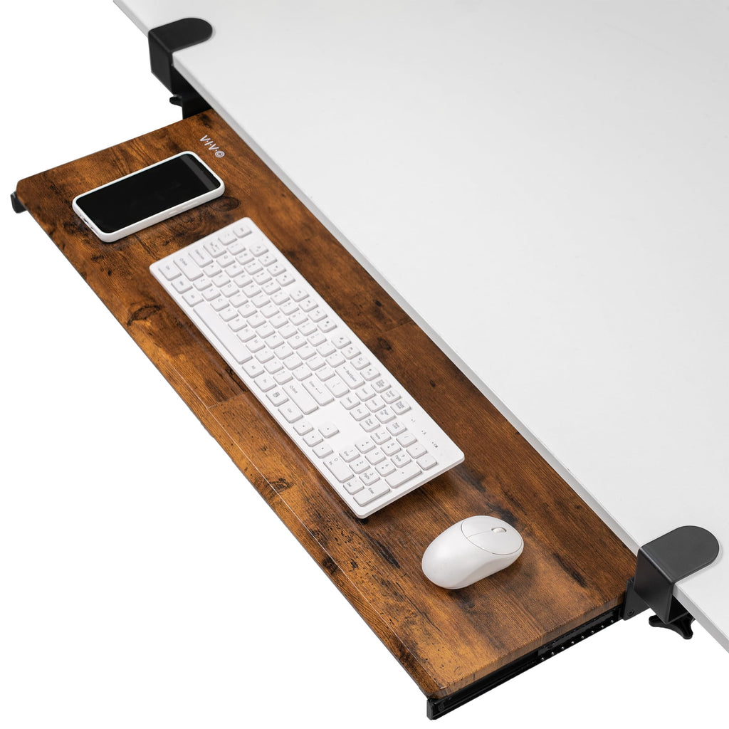 Extra Long Clamp-on Computer Keyboard and Mouse Under Desk Slider Tray, 34 x 11 inch Pull Out Platform Drawer, Rustic Vintage Brown