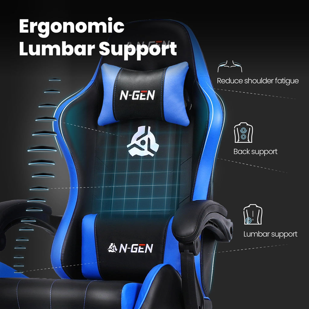 Gaming Chair with Footrest Lumbar Support for Home Office High Back Recliner Height Adjustable Ergonomic Comfy Leather Computer Desk Chair (Blue)