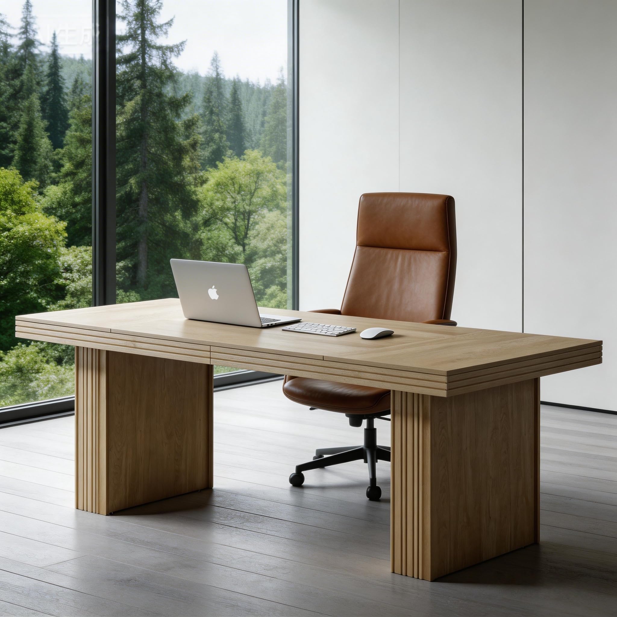 Modern Office Desk, Home Office Table with Wide Fluted Legs, Modern Desk for Home Office, Natural