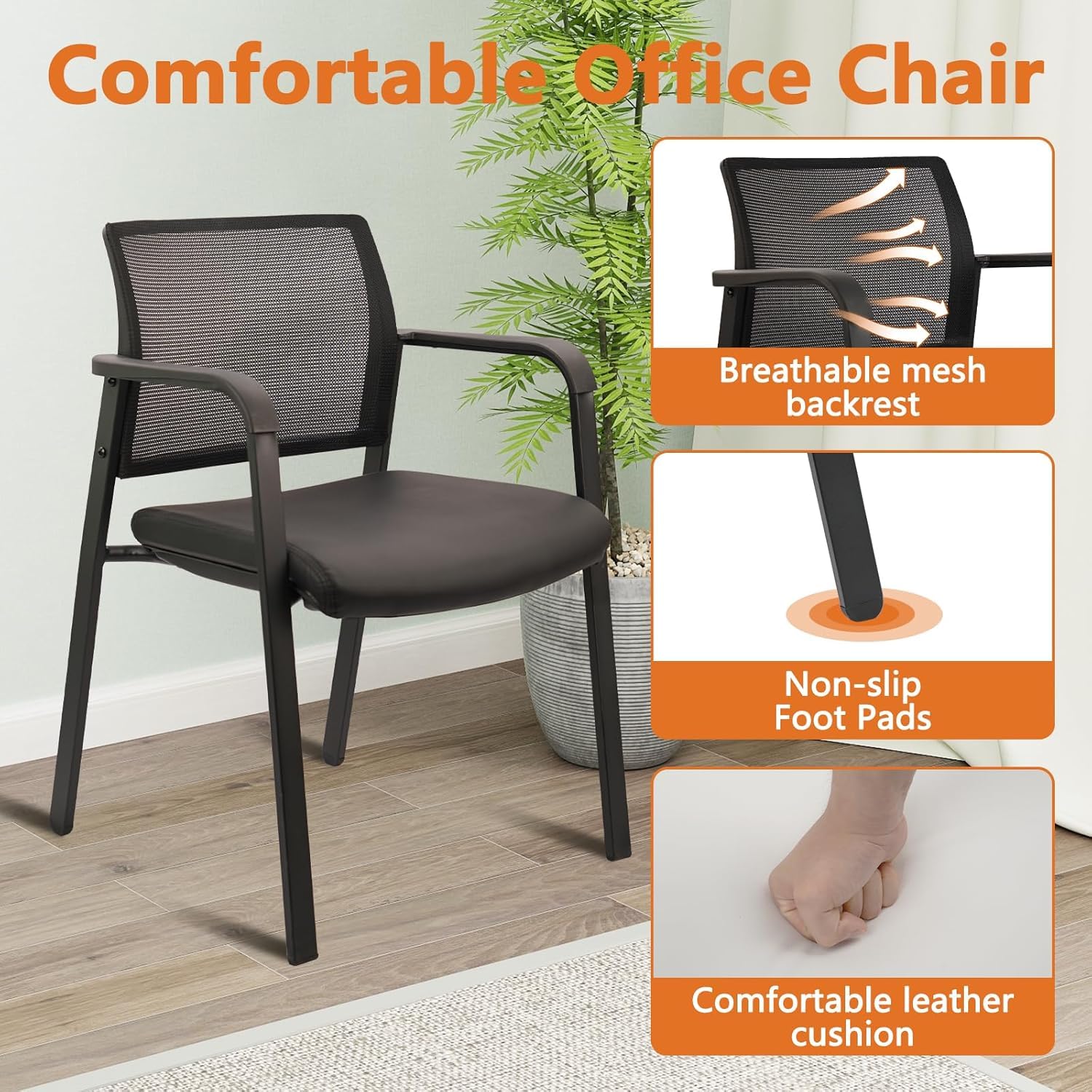 Set of 8, Stackable Office Chair, Mesh Back Guest Chairs with Comfortable Leather Seat Arms Stacking Ergonomic Desk Chair No Wheels for Conference Waiting Reception School Stationary, Black