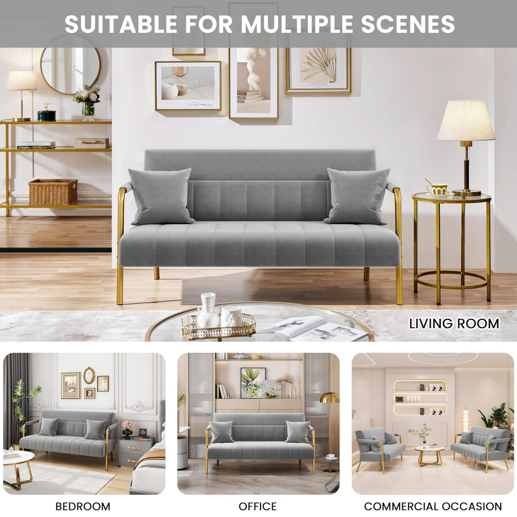 56.5" W Modern Sofa Small Sofa Luxurious Velvet Fabric Couch with Gold-Tone Metal Arms and Legs for Living Room, Office, Studio Light Gray