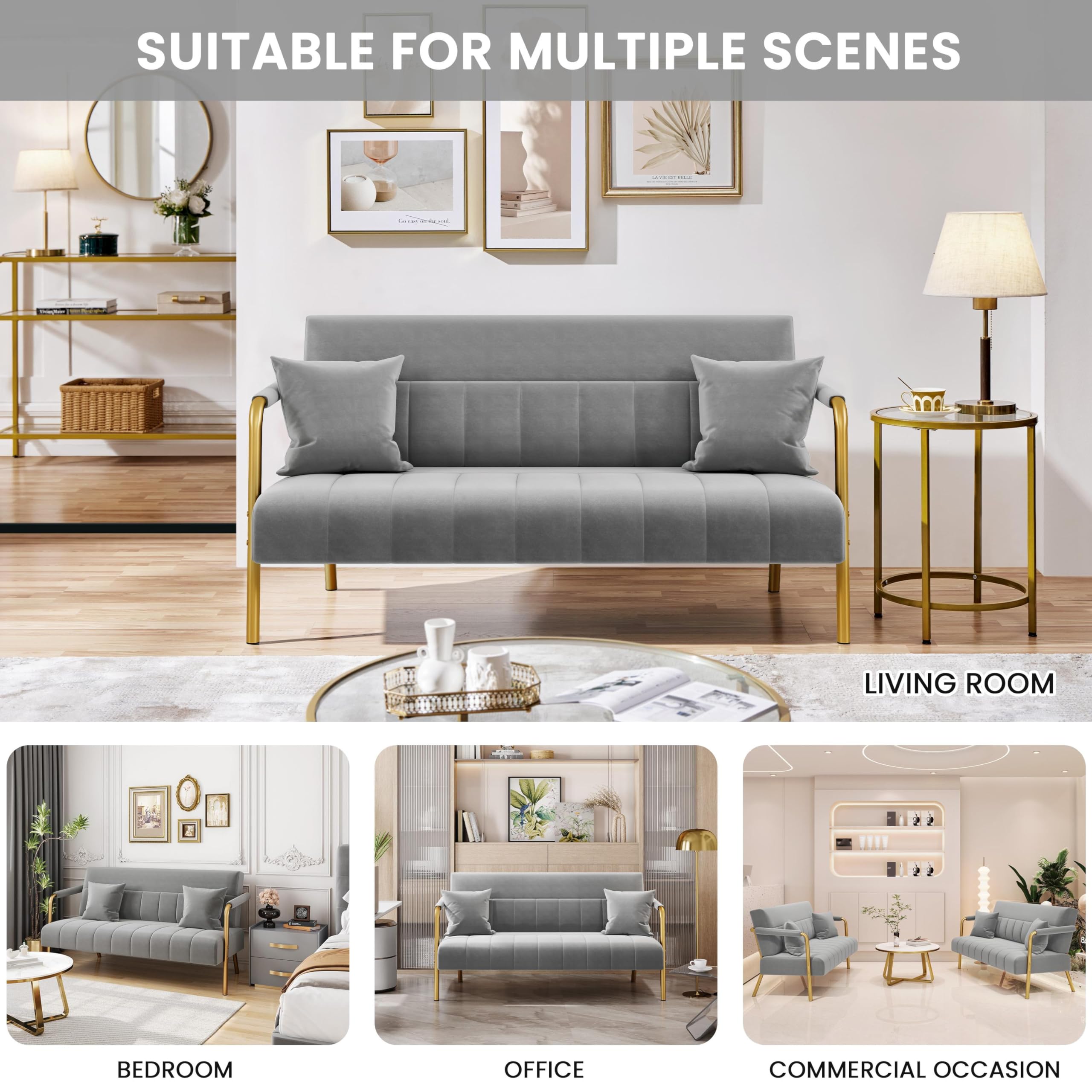 56.5" W Modern Sofa Small Sofa Luxurious Velvet Fabric Couch with Gold-Tone Metal Arms and Legs for Living Room, Office, Studio Light Gray
