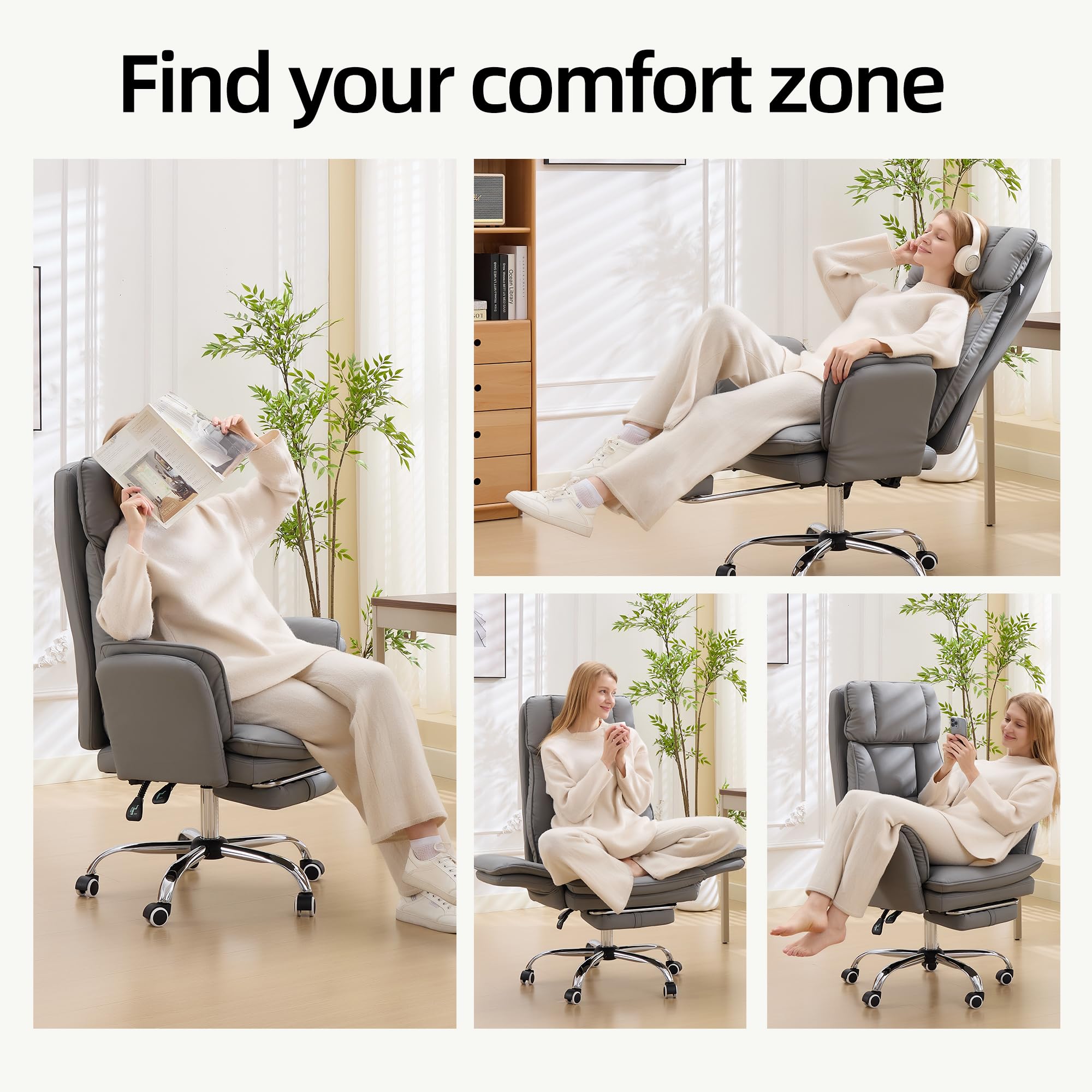 Criss Cross Office Desk Chair with Foot Rest and Flip Armrests for Pets Friendly & Extra Space, Comfortable Ergonomic Reclining Gaming Computer Chair with Lumbar Pillow(Faux Leather Grey)