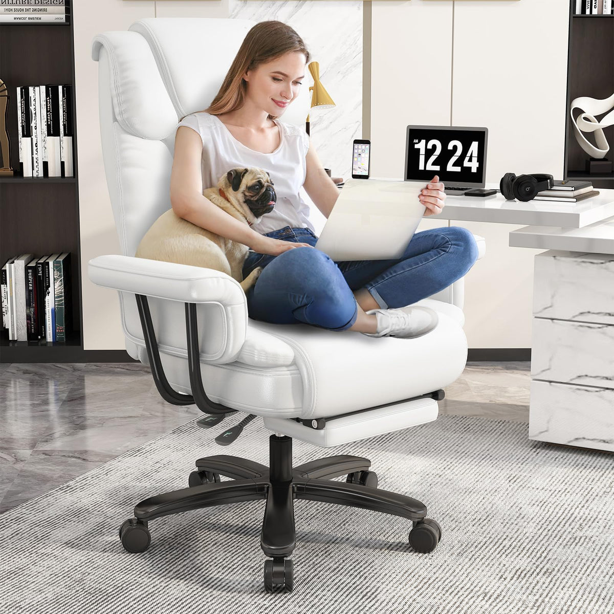 160 Reclining Office Chair with Footrest, Big & Tall Desk Chair, White