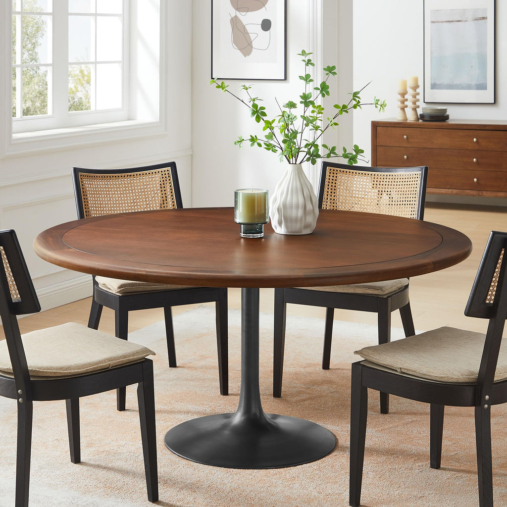 Modway Lippa 60 Inch Round Wood Dining Table with Metal Pedestal in Black Walnut - Modern Industrial Dining Table for 6 People - Solid Wood Tulip Kitchen Table