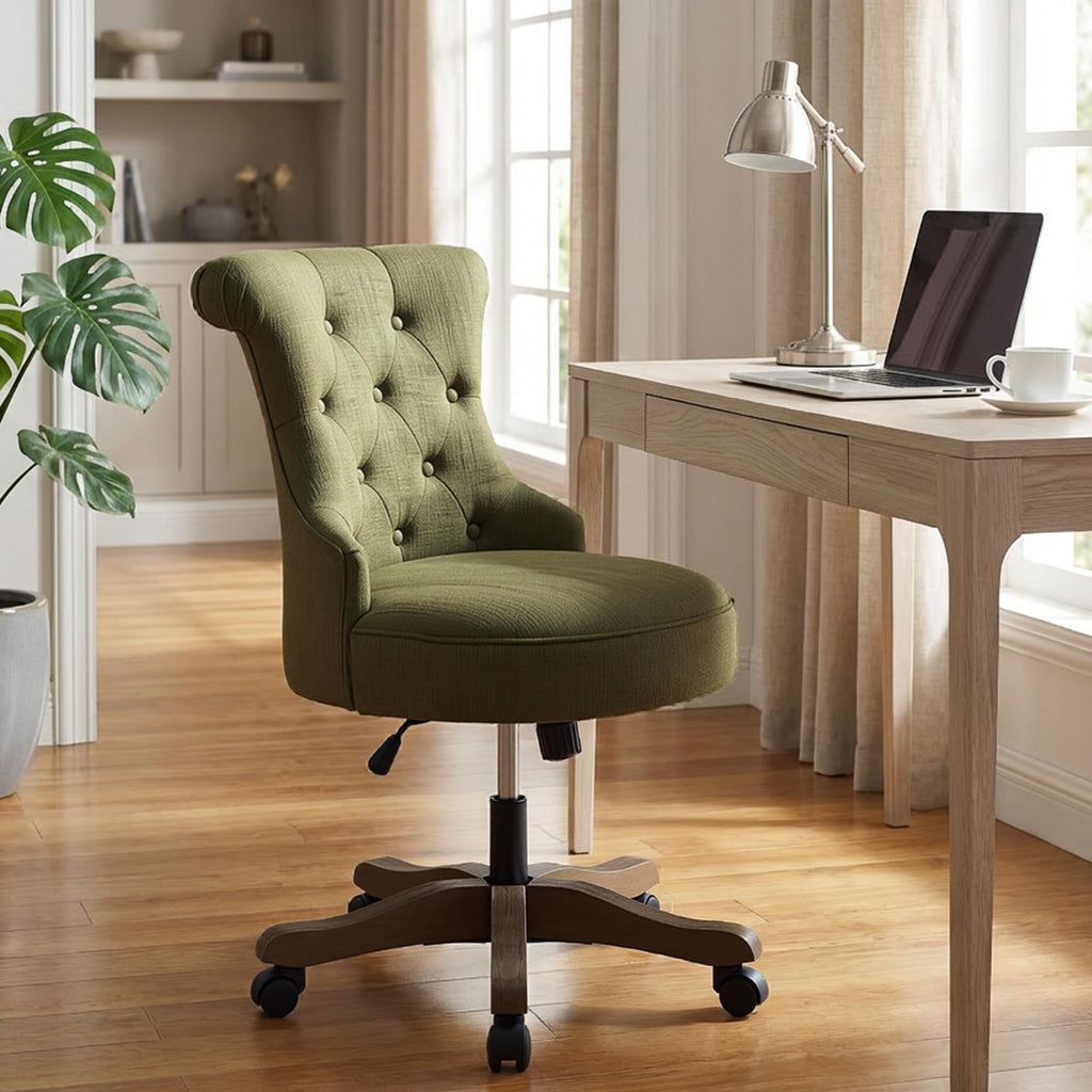 Home Office Chair Upholstered Armless Desk Chair with Wheels Adjustable Height Computer Desk Chair with Wooden Legs Comfortable Swivel Chair for Home Office Study Studio (Green)