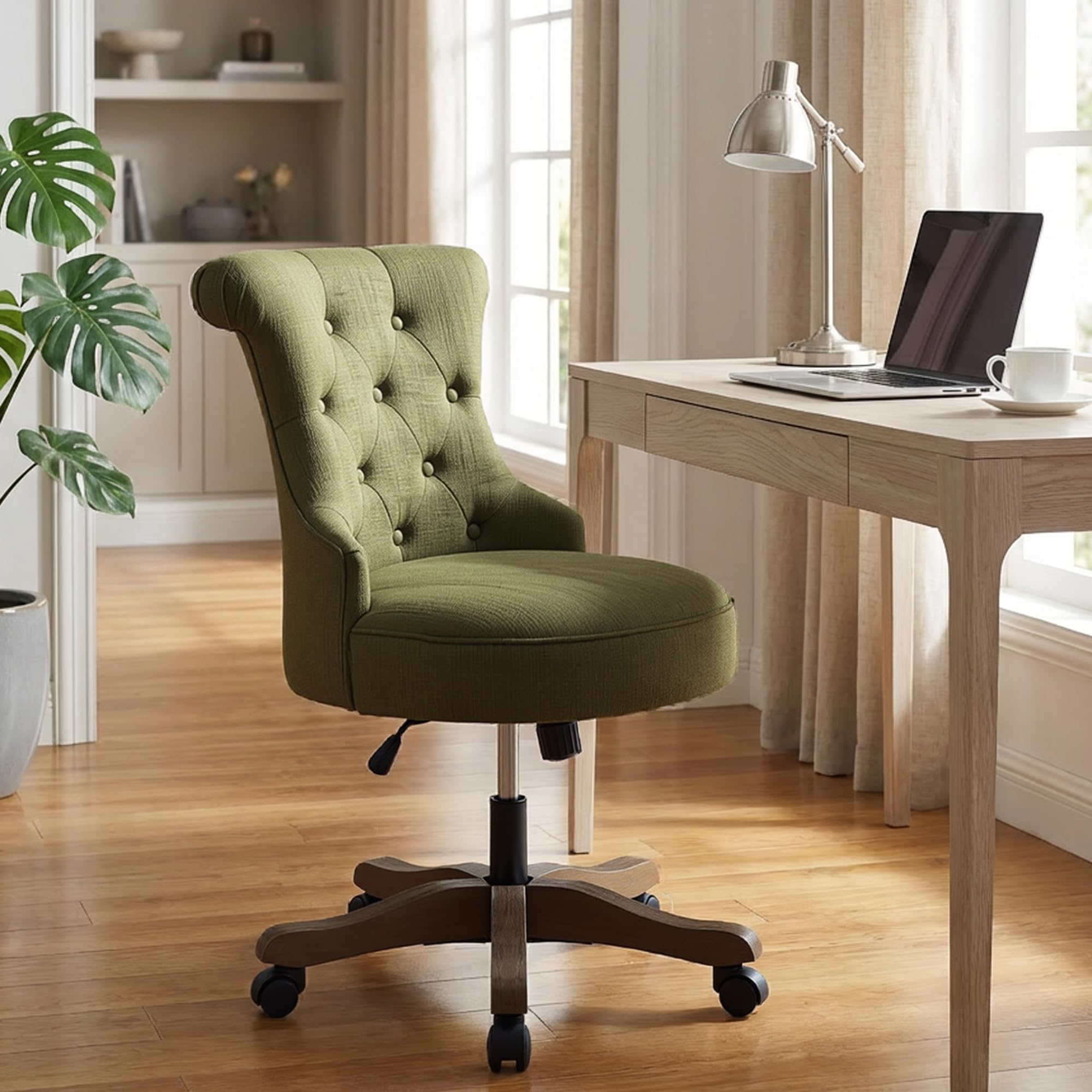 Home Office Chair Upholstered Armless Desk Chair with Wheels Adjustable Height Computer Desk Chair with Wooden Legs Comfortable Swivel Chair for Home Office Study Studio (Green)