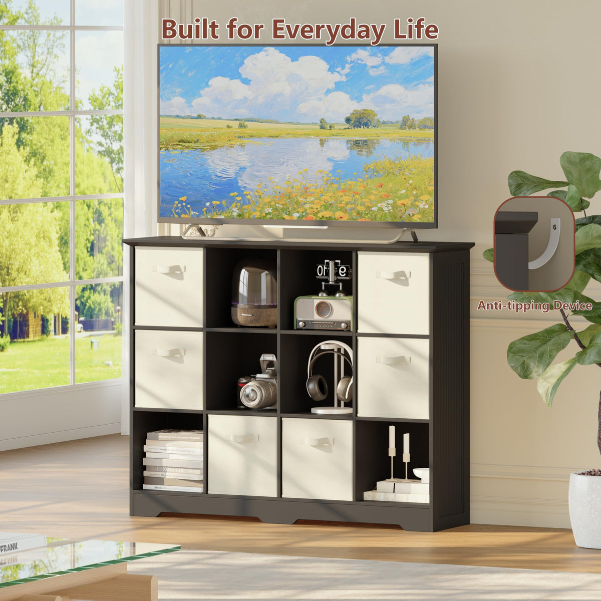 12 Cube Storage Organizer with 6 Fabric Drawers and Removable Shelves — Modular Cube Bookshelf for Bedroom, Living Room, or Home Office, Short Cube Bookcase for Toys, Decor, Black