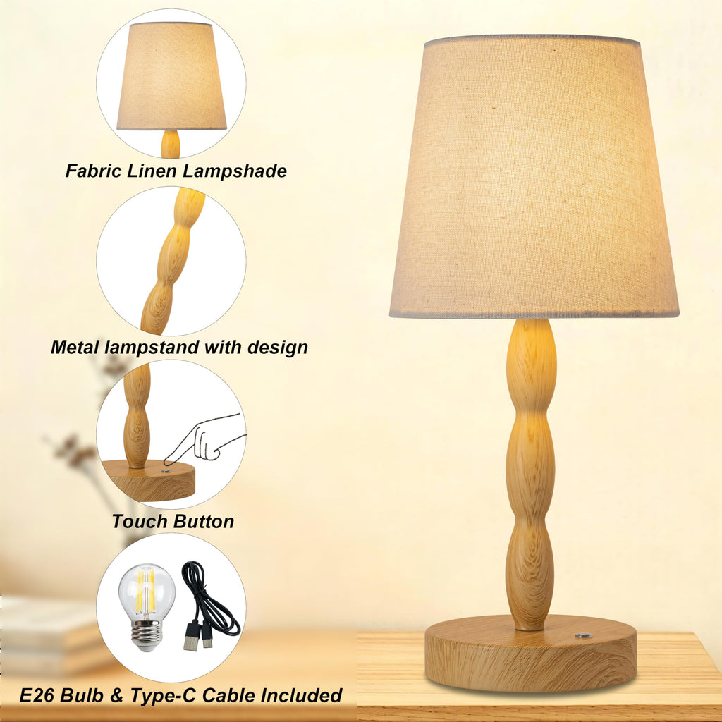 Rechargeable Cordless Table Lamp, 5000mAh Battery Powered Touch Desk Lamp, 3-Level & Stepless Dimmable Night Light, Portable Bedside Lamp for Bedroom, Outdoor, Bulb Included, Wood Grain