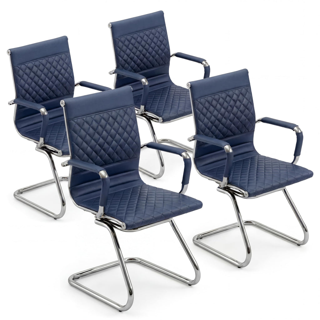 Office Desk Chair No Wheels Set of 4 - PU Leather Chairs with Arms - Conference Room Chairs 400LB Capacity Sled Base, Reception Chair for Home Office, Lobby, School Navy Blue