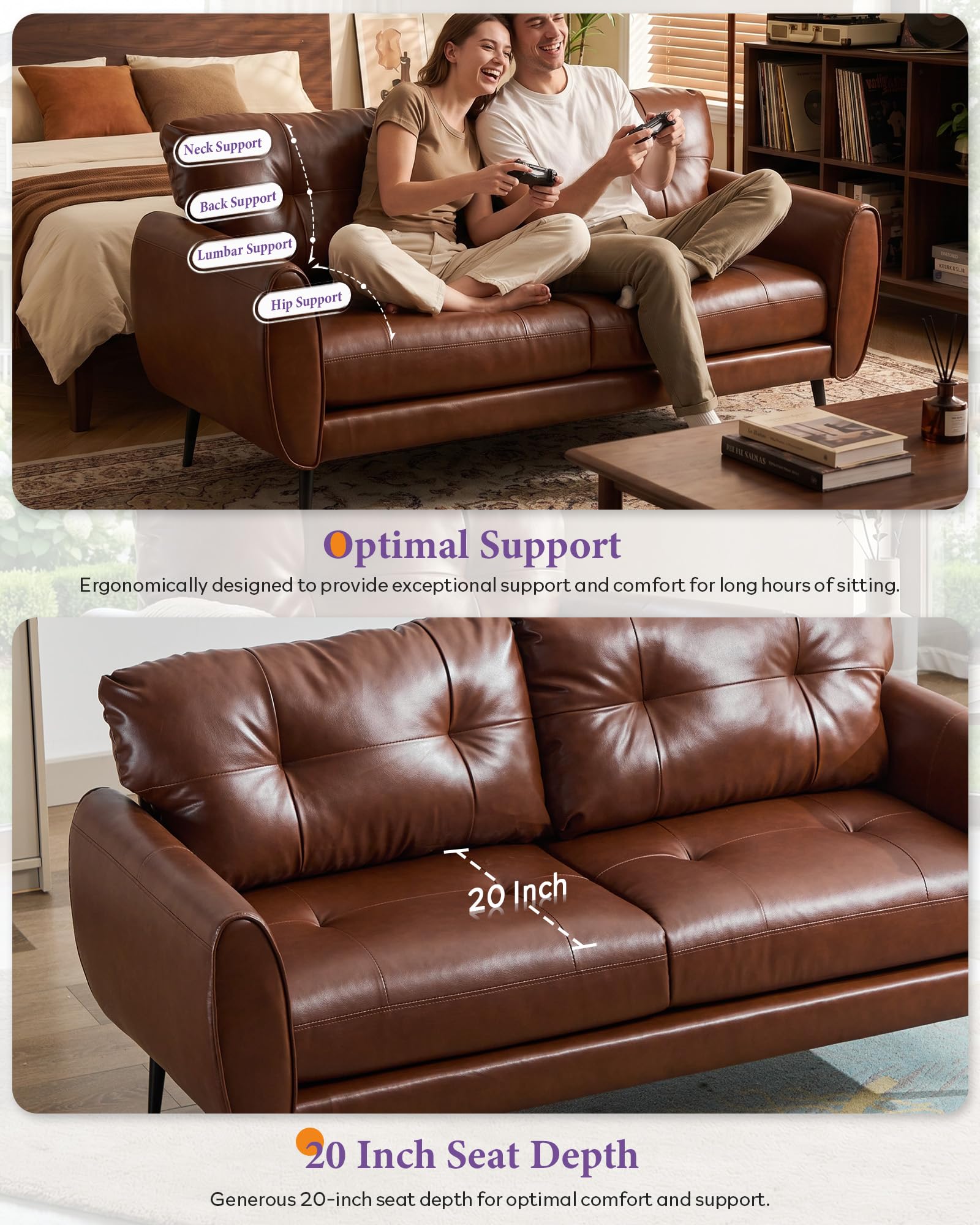 Sofa Couch 61" Small Loveseat Couches for Living Room Chestnut Brown Leather Couch Mid Century Modern Tufted Mini Sofa Comfy Office 2 Seat Settee Love Seat for Small Spaces Bedroom