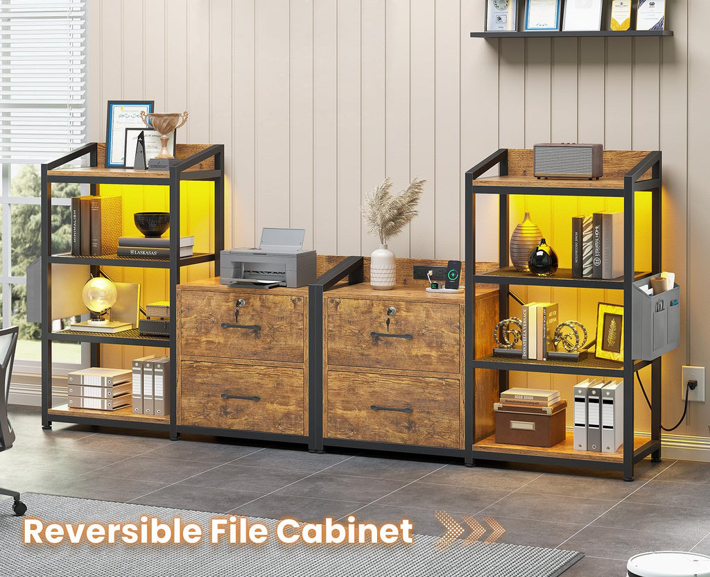 35.4” File Cabinet, Filing Cabinet fits Letter/A4 Size, 2 Drawe File Cabinets for Home Office with Power Strip, LED Lights, Lock, Open Shelf, Rustic Brown