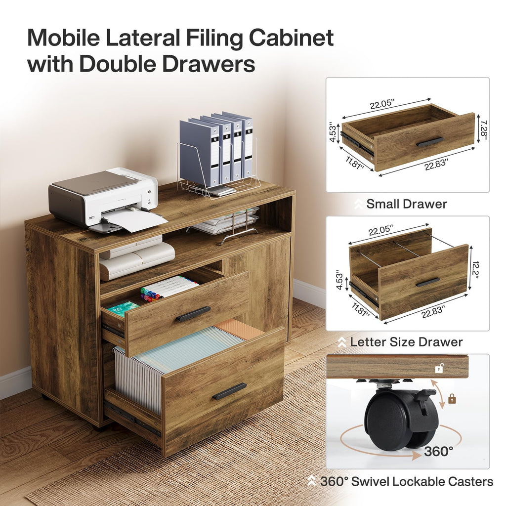 63" Executive Computer Desk and lateral File Cabinet, 2 Piece Home Office Furniture with Drawers for Hanging, Door (Rustic Brown, 63 inches)