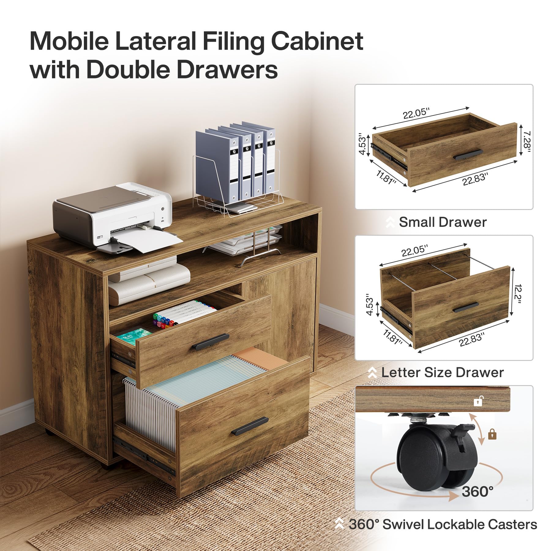 63" Executive Computer Desk and lateral File Cabinet, 2 Piece Home Office Furniture with Drawers for Hanging, Door (Rustic Brown, 63 inches)