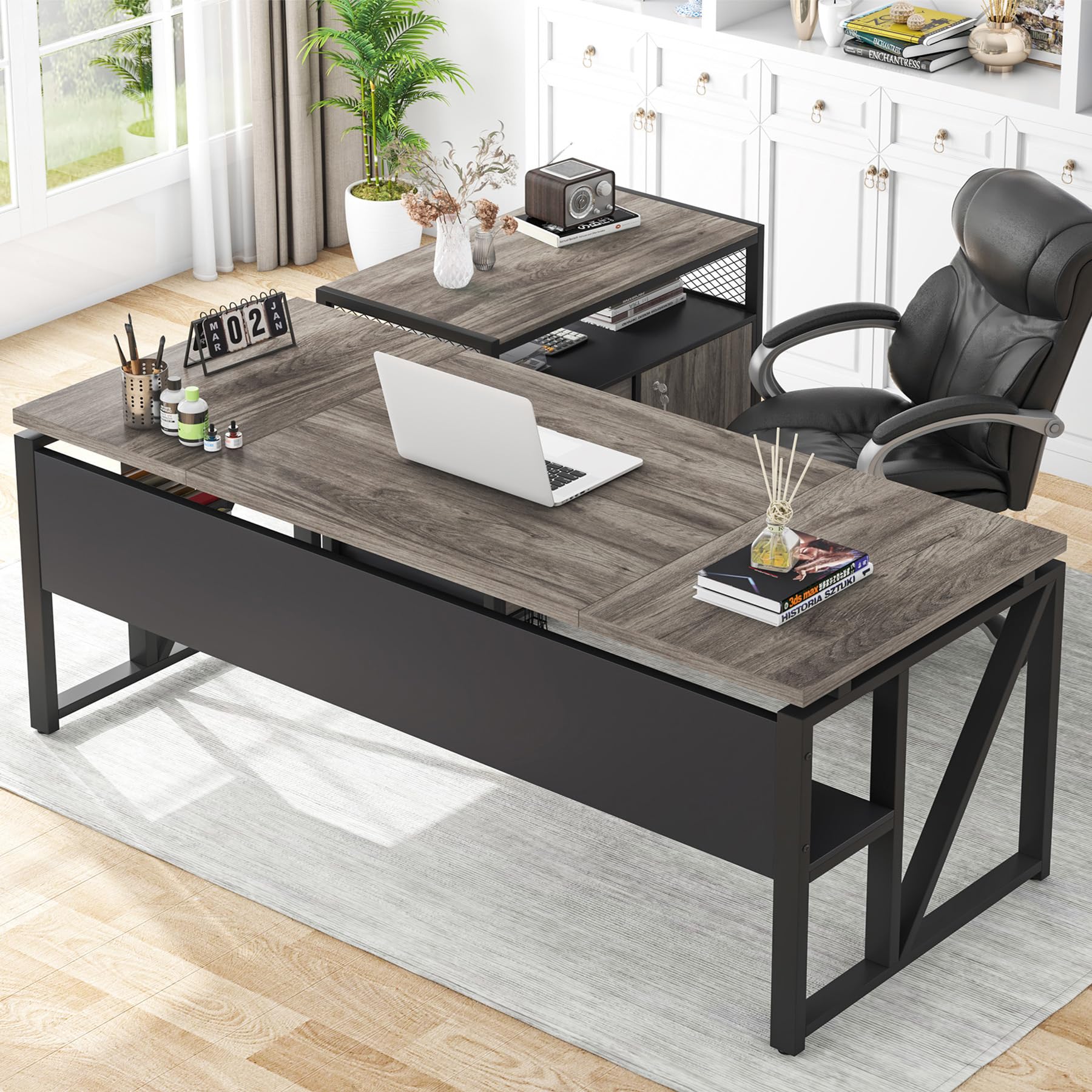 63" Executive Computer Desk and lateral File Cabinet, 2 Piece Home Office Furniture with Drawers for Hanging File, Doors with Locks (Gray, 63 inches)