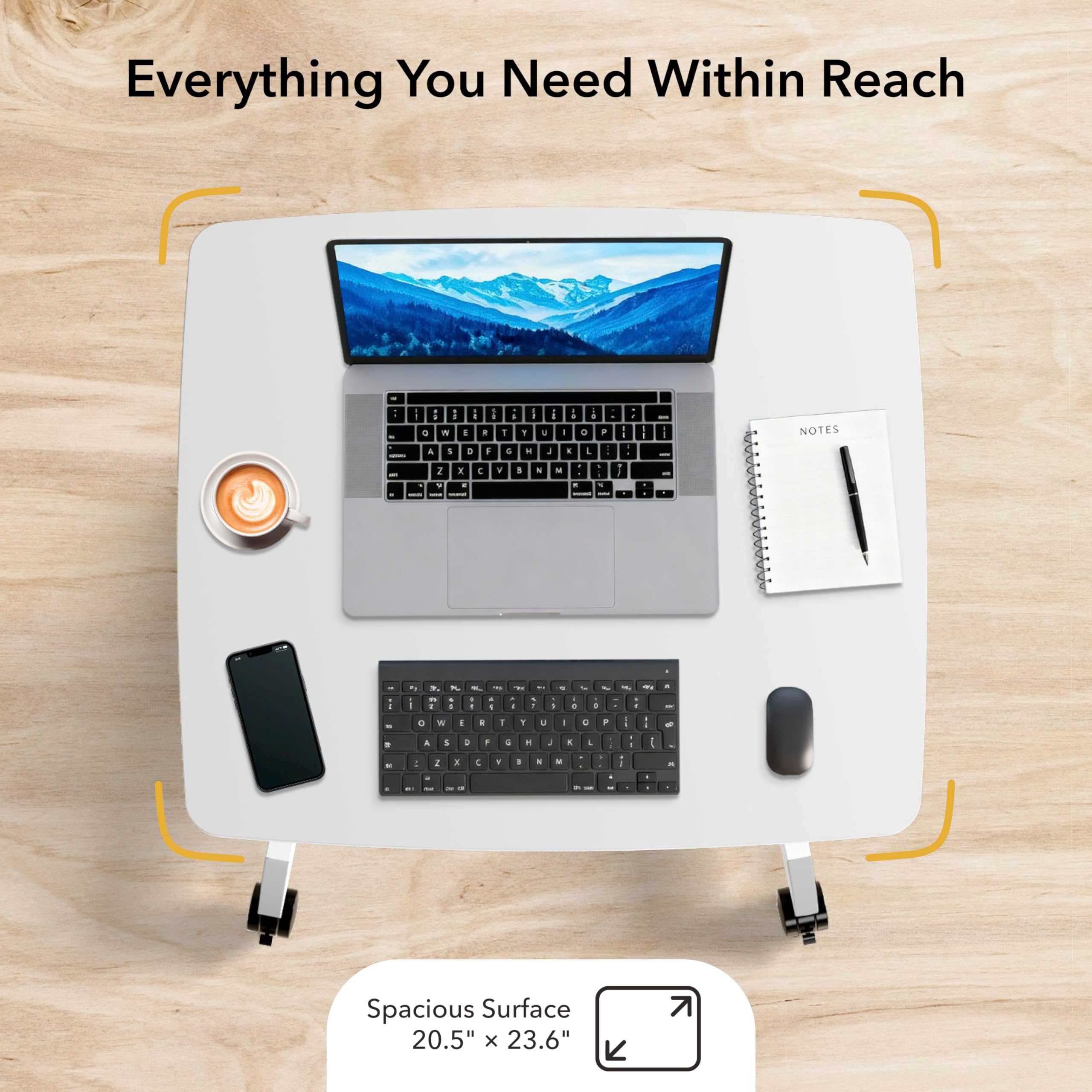 Adjustable Rolling Laptop Desk, Mobile Standing Desk with Wheels, Small Sit-Stand Computer Cart for Home, Office, or Classroom, 29.6–44.2" Height, 23.6"x20.5" Desktop, White