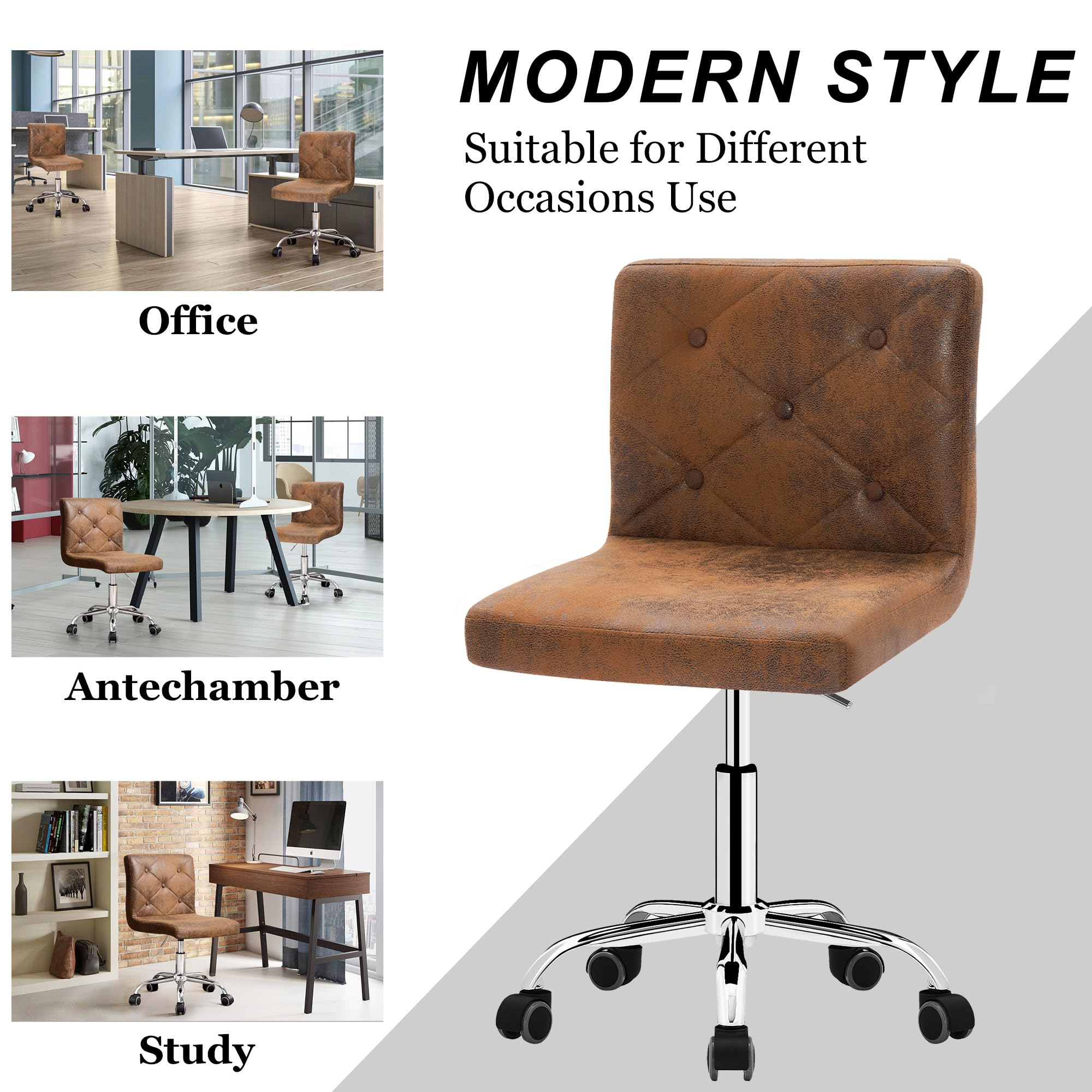 PU Leather Mid-Back Armless Desk Chair Adjustable Height 360° Rolling Swivel for Office Work, Dark Brown
