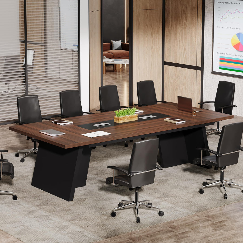8ft Conference Table, Large Meeting Table for 8-10 People, Business Seminar Furniture for Office Conference Room, Walnut & Black (4, Walnu+ Black)