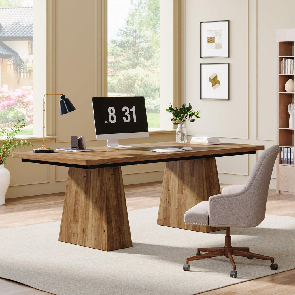 63-Inch Executive Desk, Large Office Computer Desk with Double Pedestal, Modern Simple Workstations Writing Table Conference Table Business Furniture for Home Office, Light Brown