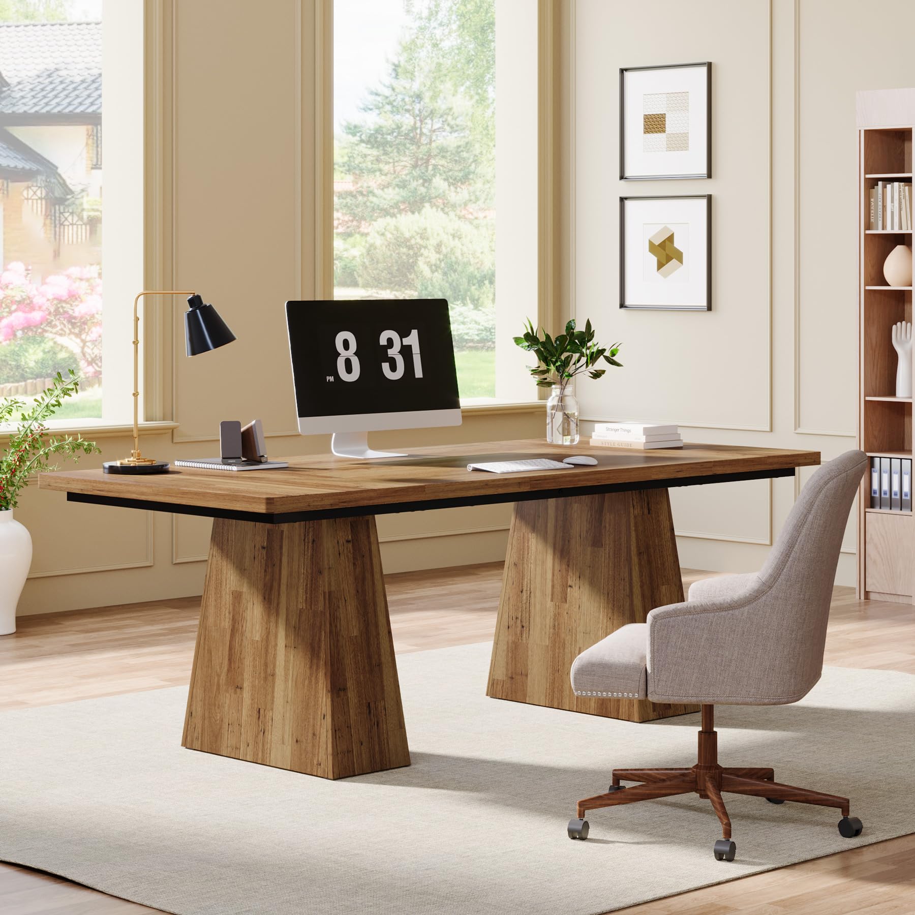 63-Inch Executive Desk, Large Office Computer Desk with Double Pedestal, Modern Simple Workstations Writing Table Conference Table Business Furniture for Home Office, Light Brown