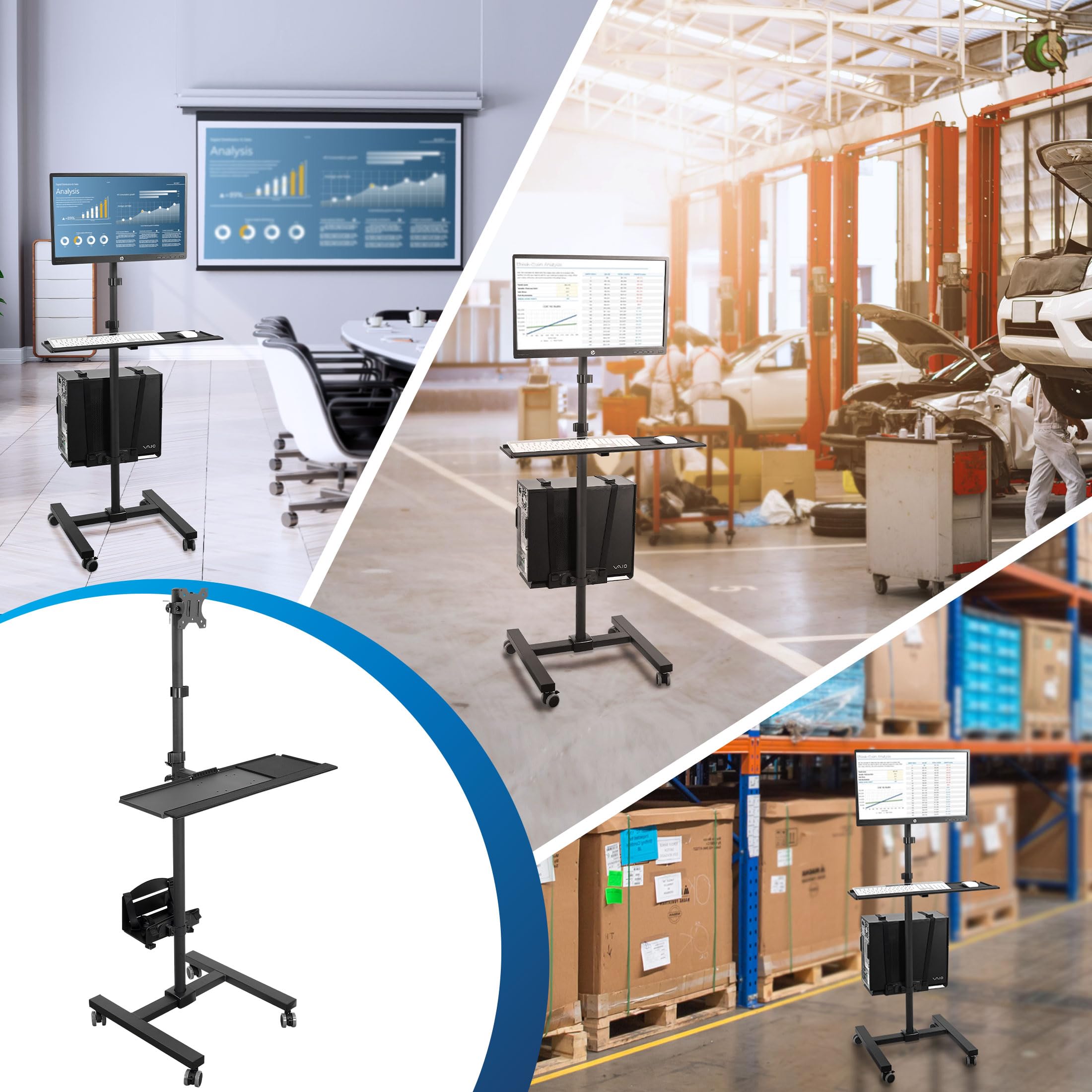 Rolling Computer Cart on Wheels, Mobile Desk Workstation with Monitor Mount for up to 32" Screen, Full Keyboard Tray, Floating Adjustable CPU Holder, Standing up to 70" Tall