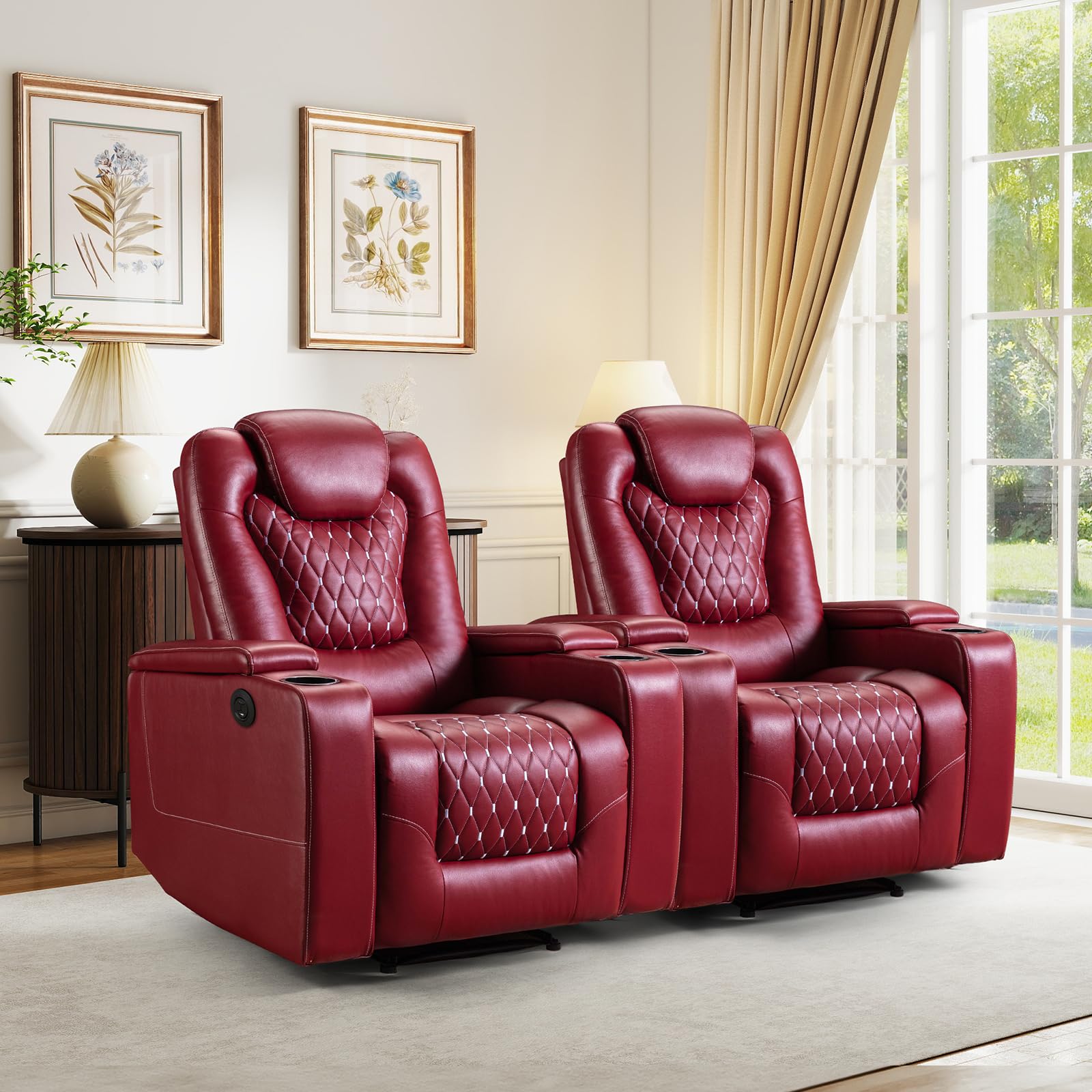 (Set of 2, Red) Power Recliner Chair with USB Ports and Cup Holders - Overstuffed Electric Home Theater Seating PU Leather Reclining Furniture with Hidden Arm Storage, Easy to Clean