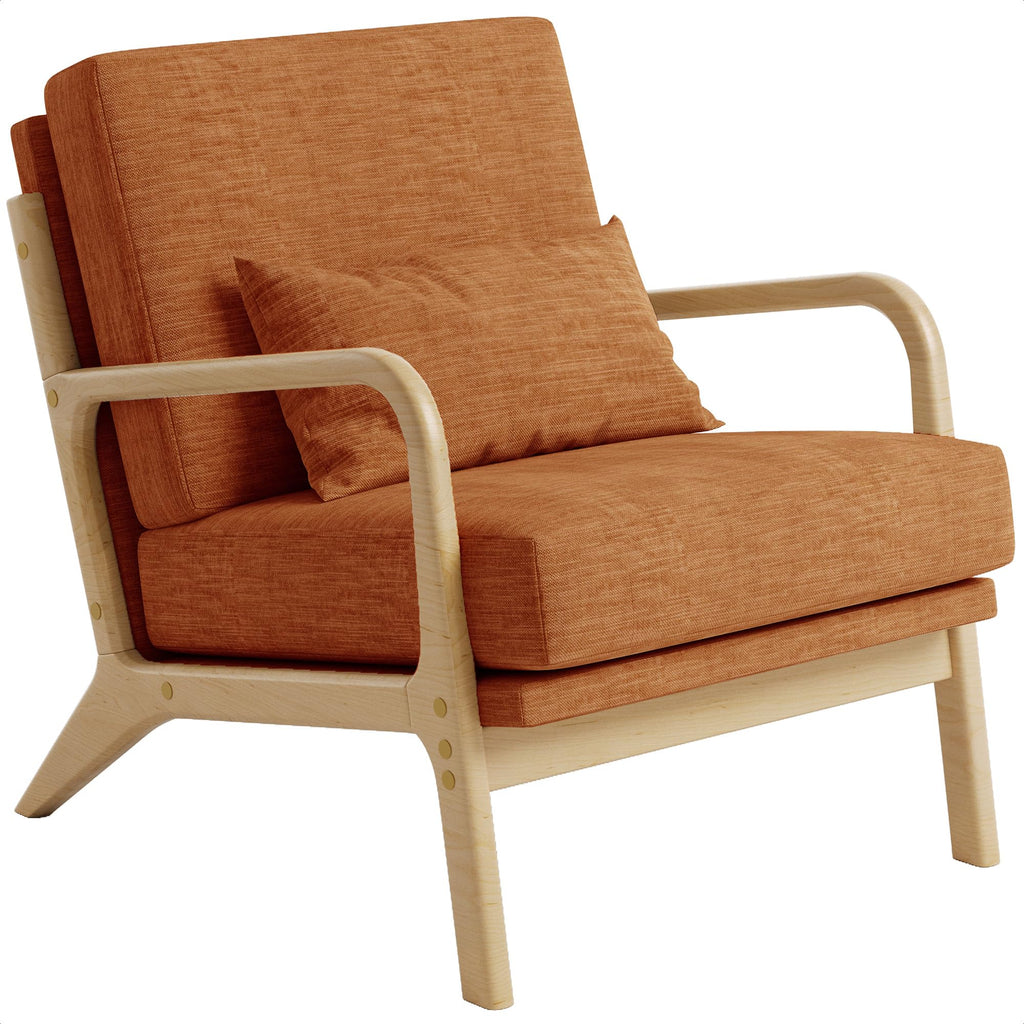 Mid-Century Modern Accent Chair, Armchair with Solid Wood Frame & Lumbar Pillow, Comfy Upholstered Lounge Chair for  Office, Bedroom, Linen-Like Fabric, Orange
