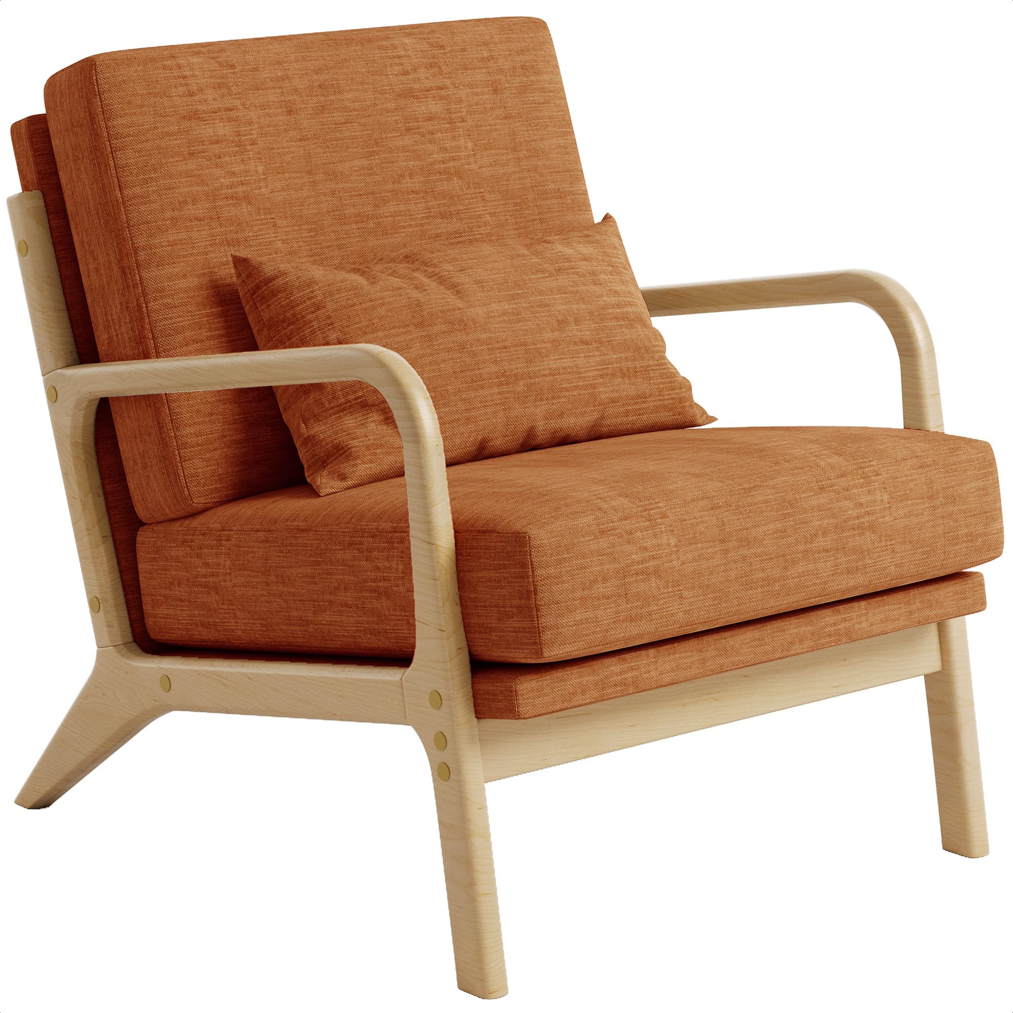 Mid-Century Modern Accent Chair, Armchair with Solid Wood Frame & Lumbar Pillow, Comfy Upholstered Lounge Chair for  Office, Bedroom, Linen-Like Fabric, Orange