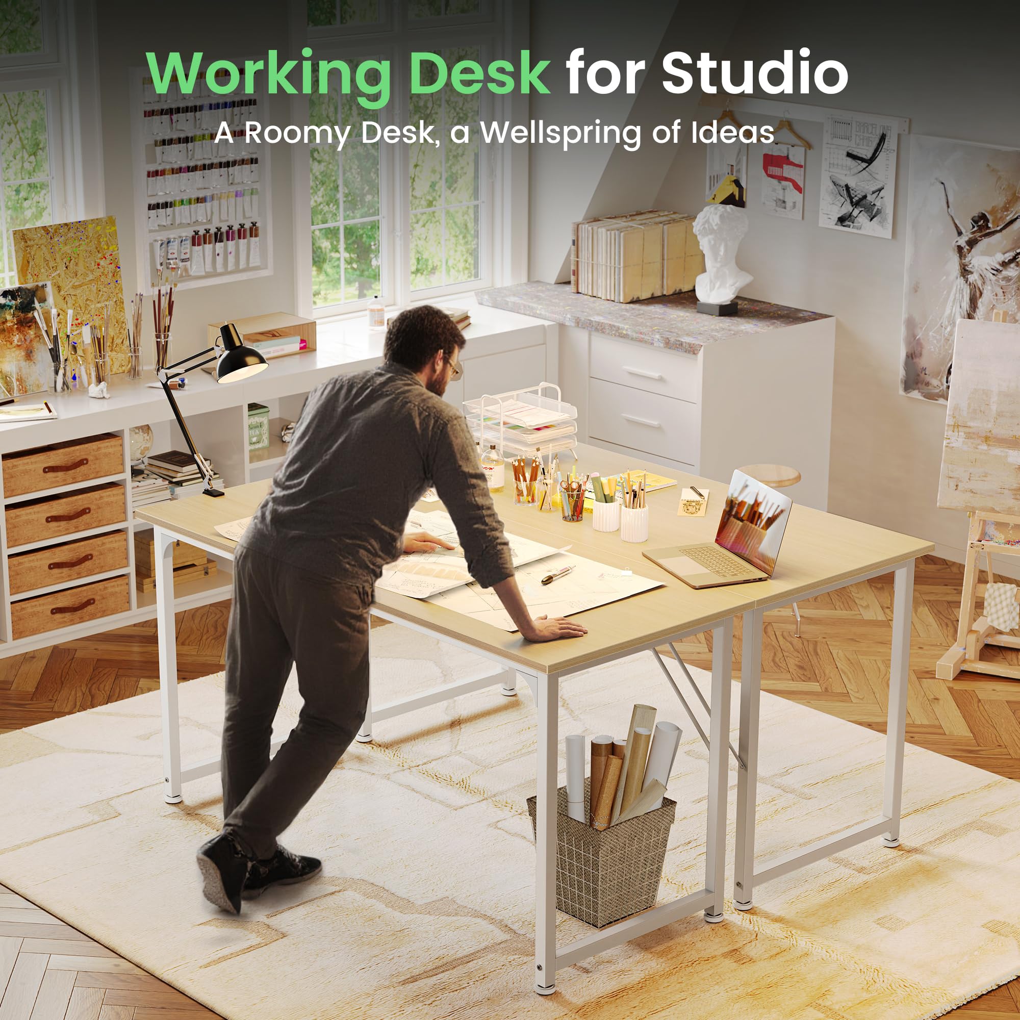 Computer Desk, 54 Inch Office Desk, Gaming Desk with Storage, Writing Desk Work Desk for Home Office, Study, Modern Simple Desk, Large Legroom, Metal Frame, Maple