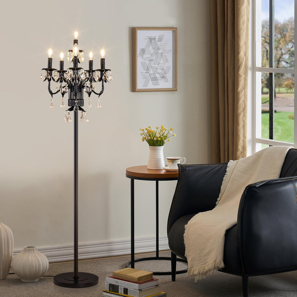 Black Crystal Floor Lamp, Tall Vintage Standing Living Room Lamp