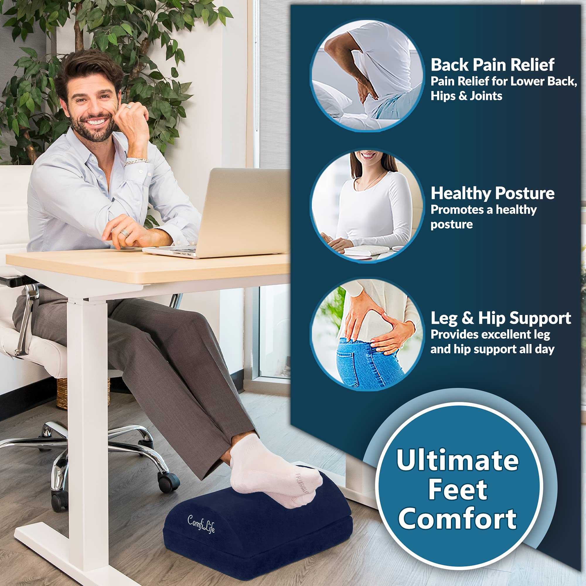Foot Rest for Under Desk at Work – Adjustable Height Memory Foam Foot Stool for Under Desk, Office Chair & Gaming Chair – Ergonomic Footrest for Back & Hip Pain Relief (Navy)