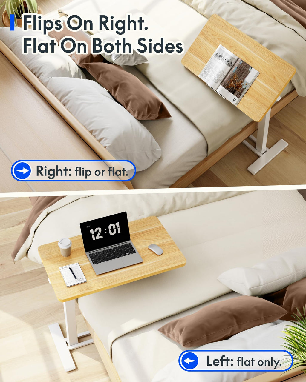 H7 PRO Mobile Standing Desk Adjustable Overbed Table Pneumatic with Wheels 55°Tiltable Portable Laptop Desk Rolling Computer Cart Foldable Bedside Table(27.6" W x 15.7" D, Maple)