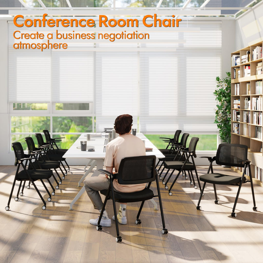 Stackable & Foldable Office Chair, Folding Desk Chair with Flip-Up Armrest, Breathable Mesh, Thick Seat Cushion & Rocking Backrest, Conference Room Chair with Wheel (Black，1)