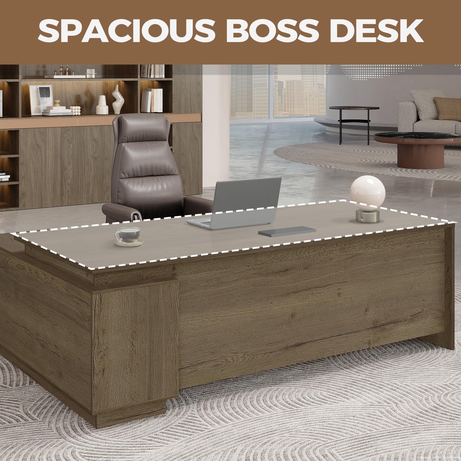 63" L-Shaped Executive Desk with Reversible Return, Compact Office Desk with Locking Drawers, Open Storage Cabinet, Cable Management Box, Front Privacy Panel, Rustic Brown