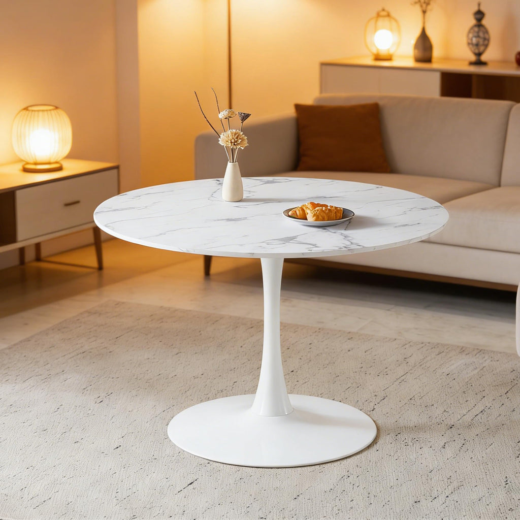 Sybrioka 42" Tulip Table for 4-6 Persons Modern Round Dining Table, Mid-Century Modern White Marble Small Kitchen Table with MDF Wooden Top, Leisure Coffee Table for Living Room, Dining Room, Office