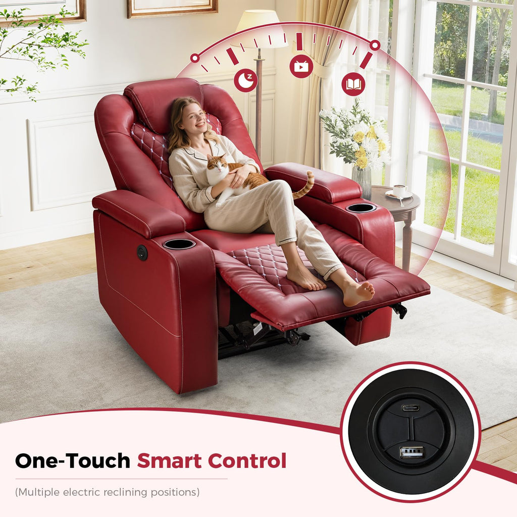 Power Recliner Chair with USB Ports and Cup Holders - Overstuffed Electric Home Theater Seating PU Leather Reclining Furniture with Hidden Arm Storage, Easy to Clean (Red)