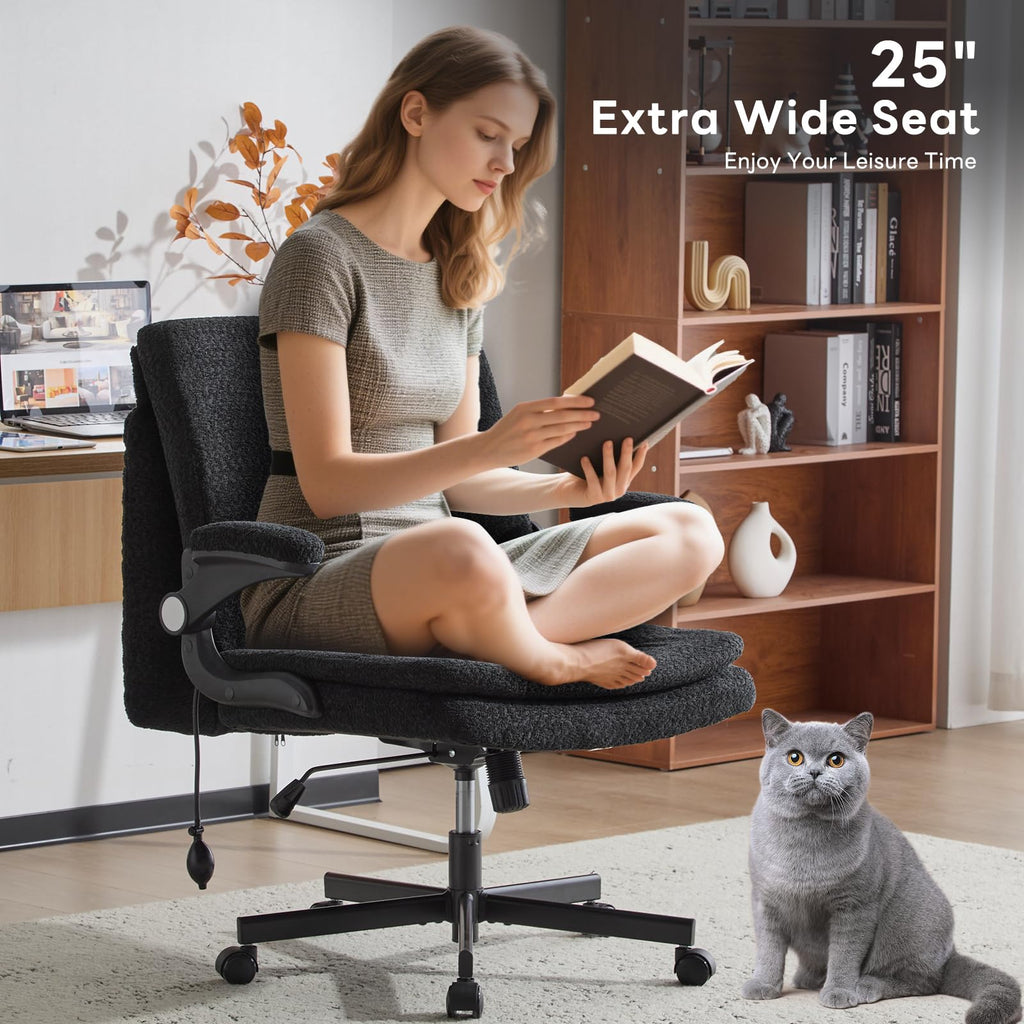 Criss Cross Office Chair with 2 in 1 Inflatable Flip-up Back, Ergonomic Wide Seat Desk Chair with Adjustable Arms and Wheels, Cross Legged Office Chair for Home & Office, Black