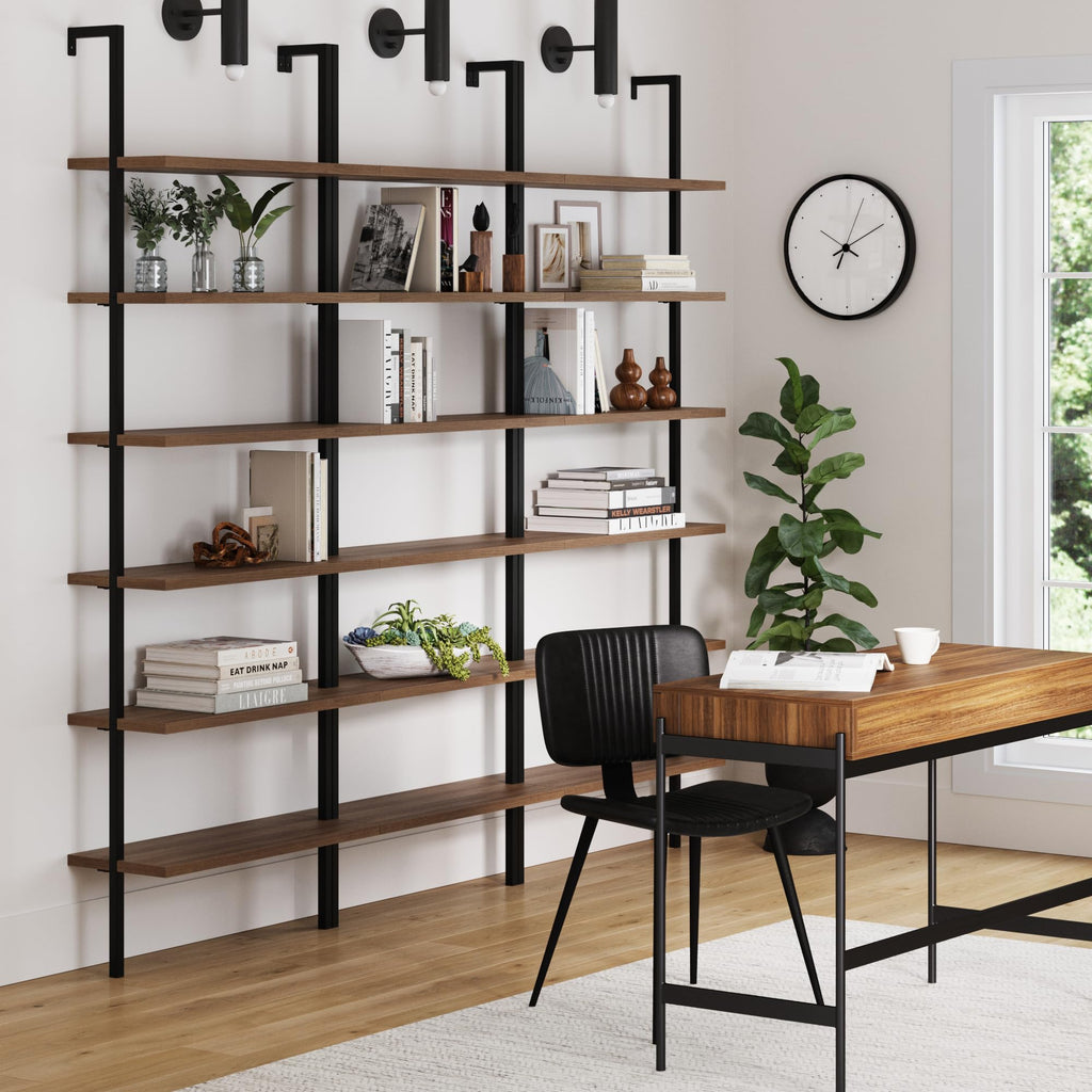 Set of 3, 6-Shelf Tall Bookcase, Wall Mount Bookshelf with Reclaimed Oak Wood and Industrial Metal Frame, Reclaimed Oak/Matte Black