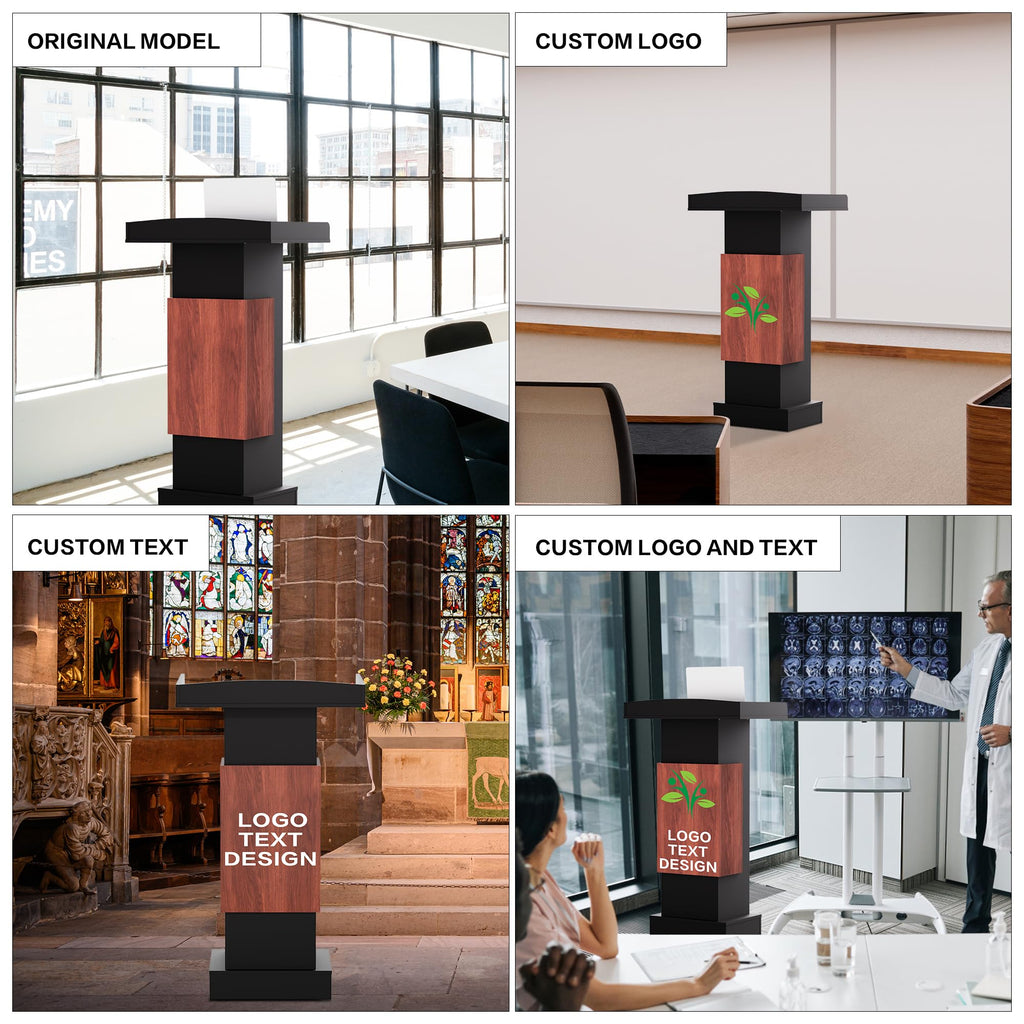 Customizable Logo & Text Podium Stand,Wood Lectern with Adjustable Partition,Church Pulpit with Storage,Mic Stand Space,Wooden Podium for Churches,Seminars and Schools