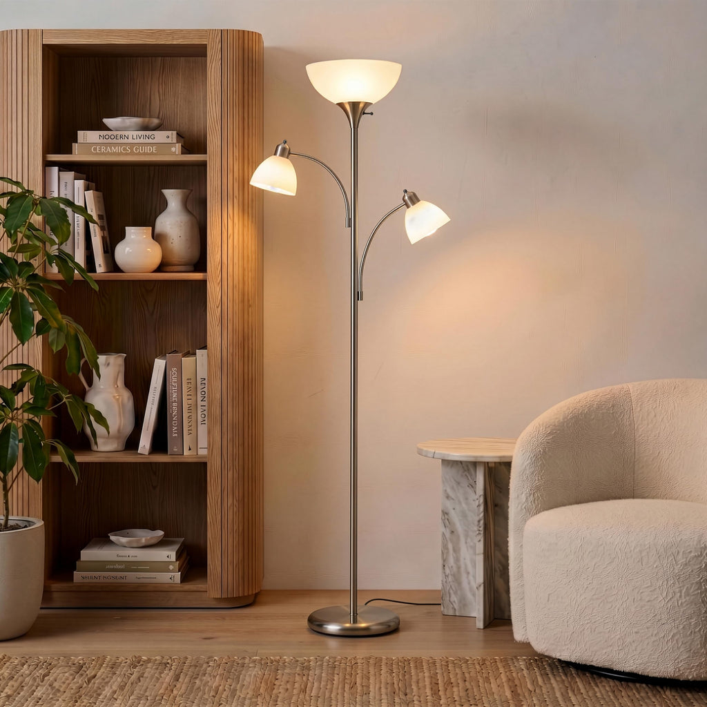 Sky Dome Double LED Floor lamp, Torchiere Super Bright Floor Lamp with 2 Reading Lamps for Living Rooms & Offices - Dimmable Tall Standing Lamp for Bedroom Reading - Tall Silver Pole
