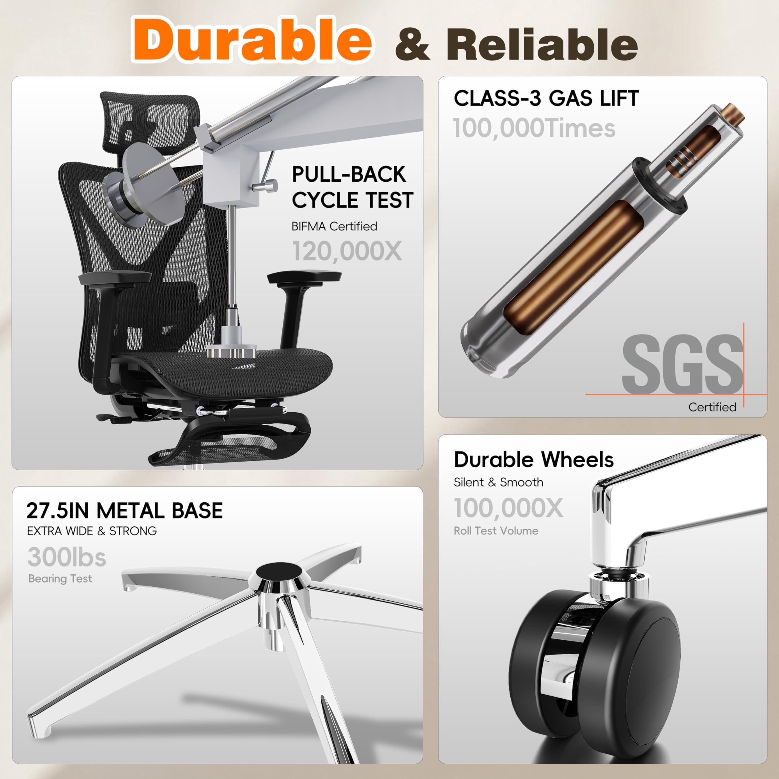 Ergonomic Office Chair with Footrest, 135° Reclining Desk Chair with Adjustable Lumbar Support,3D Armrest,Headrest & Large Steel Base, 300LBS Heavy Duty Mesh Chair