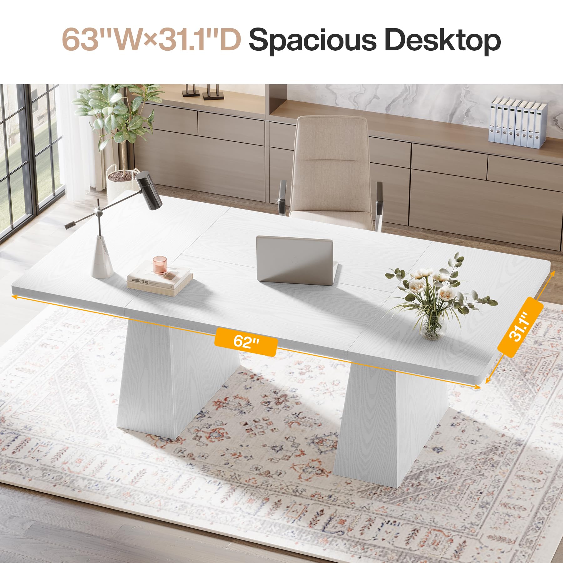 63-Inch Executive Desk, Large Office Computer Desk with Double Pedestal, Modern Simple Workstations Writing Table Conference Table Business Furniture for Home Office, White