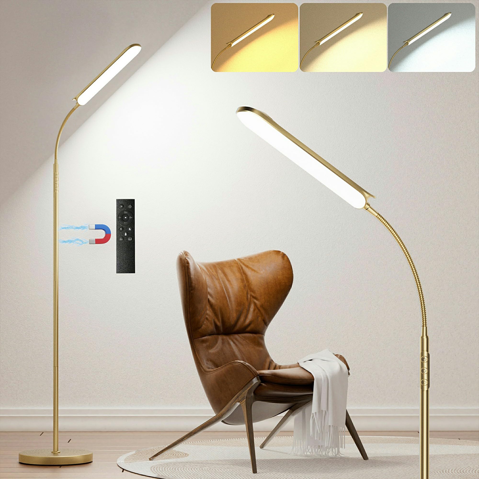 LED Floor Lamp, Super Bright Reading Lamps Floor Standing lamp with Remote & Touch Control, Stepless Dimming & 2700K-6500K Color Temperature, for Living Room Bedroom Office, Gold