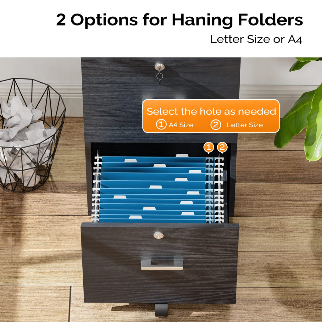 2-Drawer File Cabinet with Lock, Small Rolling Wood Filing Cabinet for Hanging Letter Size Filings with Tabs, Mobile Under Desk File Organizer for Home Office, Classic Black, 27.2" H