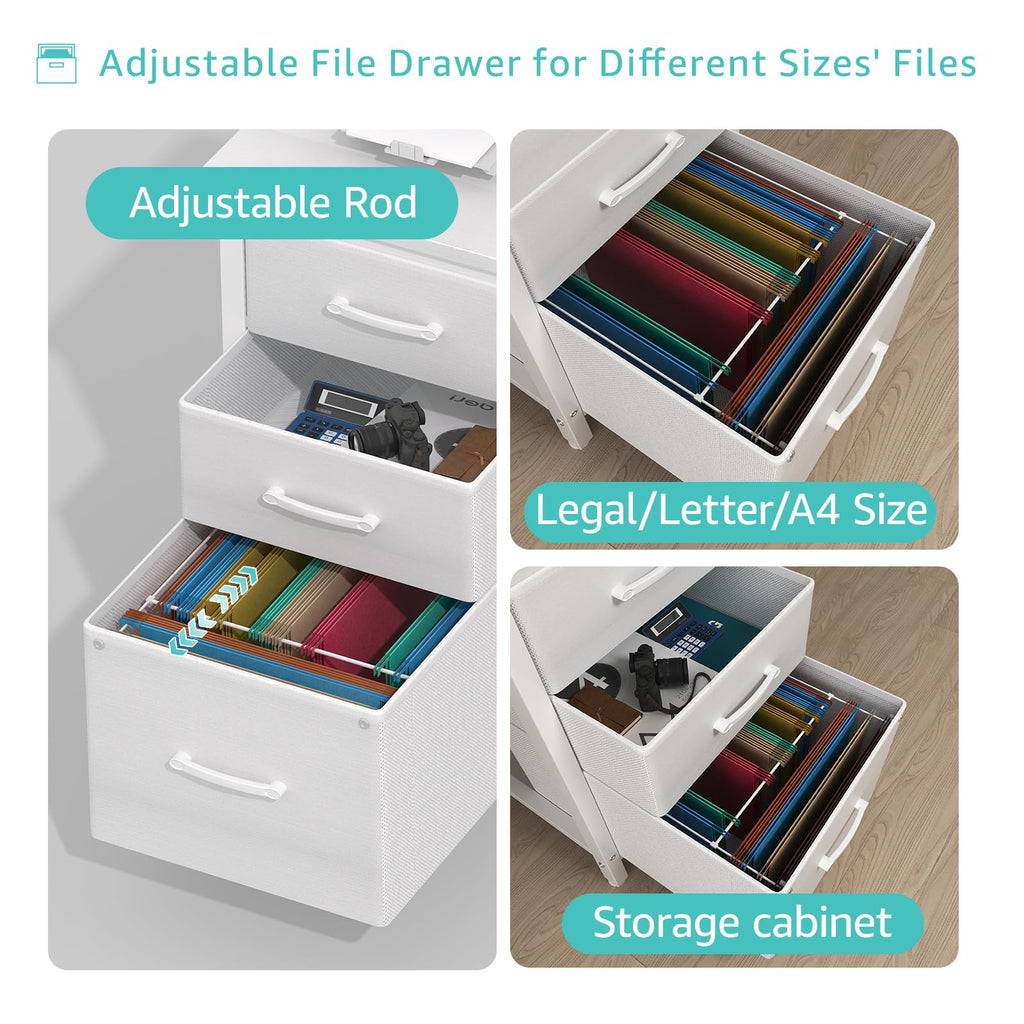 White Desk with File Drawers Cabinet, 47 Inch Reversible Computer Desk with Fabric Filing Cabinet for Bedroom Small Space Home Office, Modern Writing Table PC Desks, White